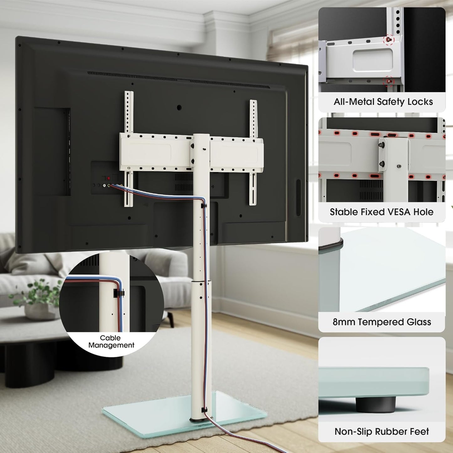 Floor TV Stand with Swivel Mount for Most 43 to 85 Inch TVs up to 110 lb, 8 Level Height Adjustable Tilting TV Floor Stand Space Saving, Tall TV Stand for Livingroom/Bedroom, MAX VESA 400x600mm