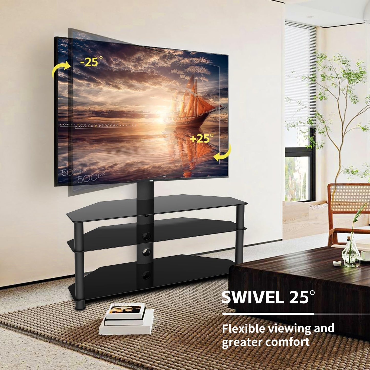 Swivel Floor TV Stand Mount with 3 Tier Tempered Glass Shelves and Height Adjustable Entertainment Center Corner TV Stand for 32-70 inch TVs,Max VESA 600x400mm,Television Stand