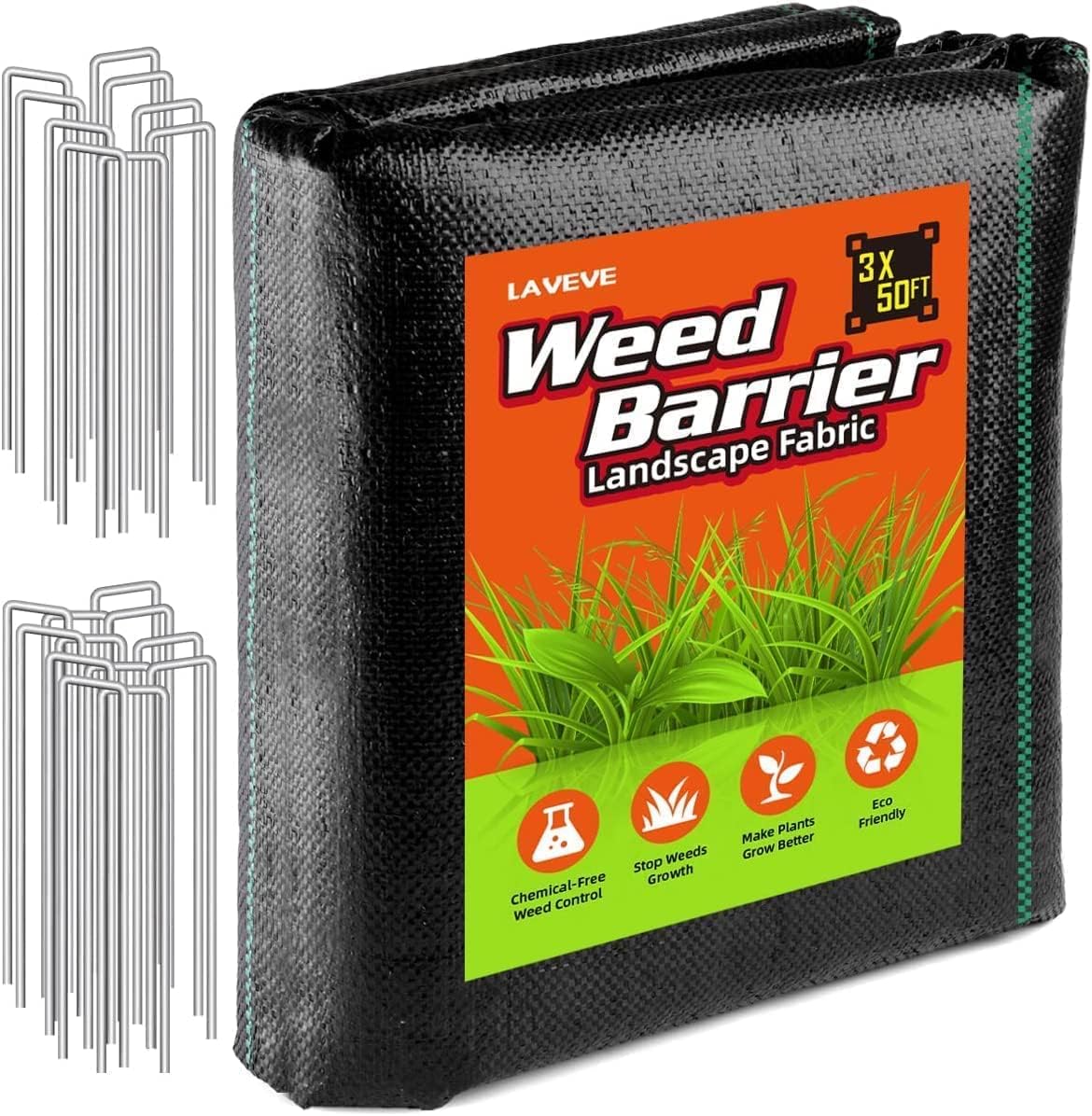 LAVEVE 4FT x 100FT Weed Barrier Landscape Fabric, 3.2oz Premium Heavy-Duty Gardening Weed Control Mat, Ground Cover for Gardening, Farming with 30 U-Shaped Securing Pegs（2 Pack 4x50FT）