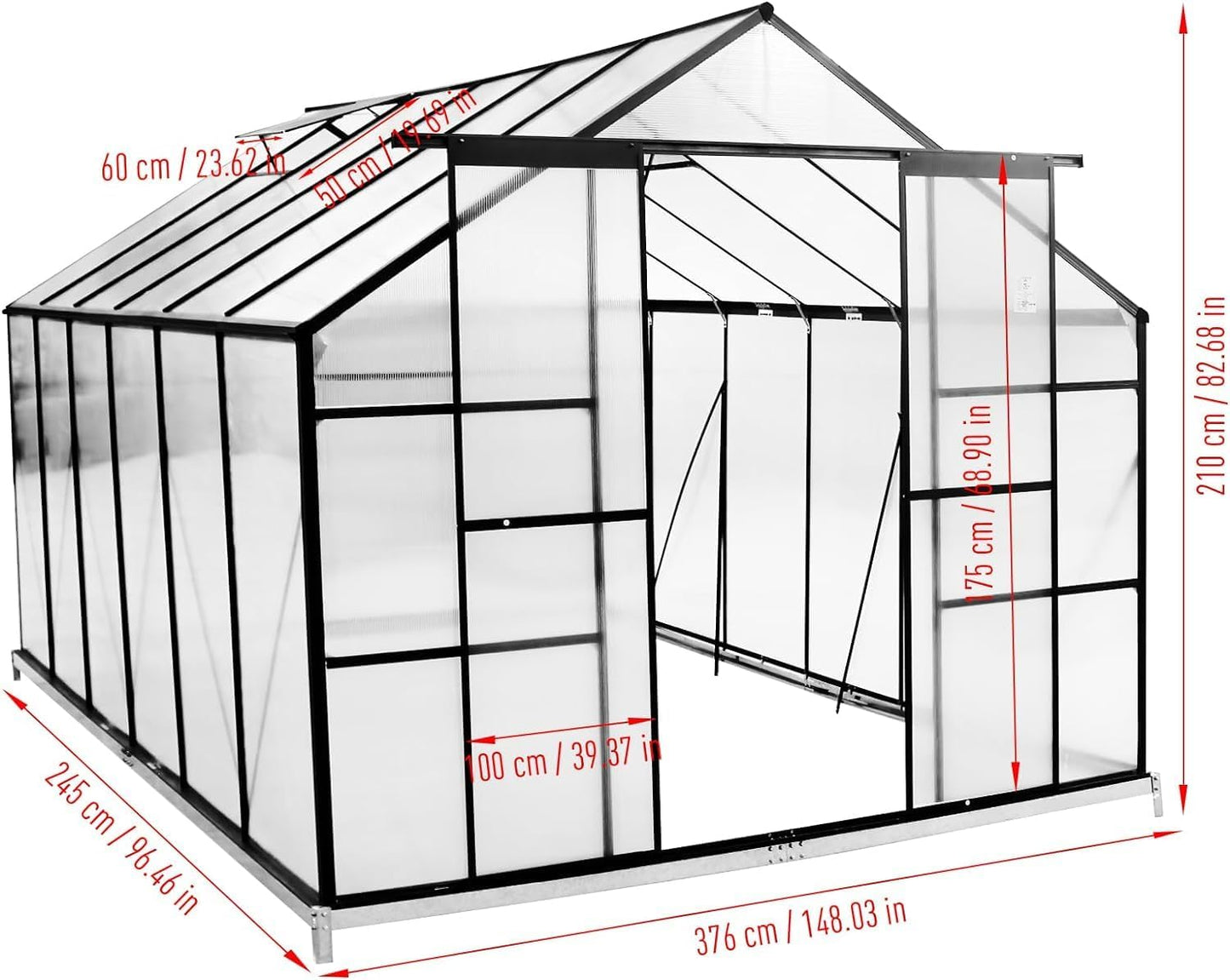 12 x 8 FT Polycarbonate Greenhouses with Adjustable Roof Vent, Heavy Duty Walk-in Aluminum Frame Greenhouse with Door, Outdoor Green Houses for Outside Backyard Garden, Black