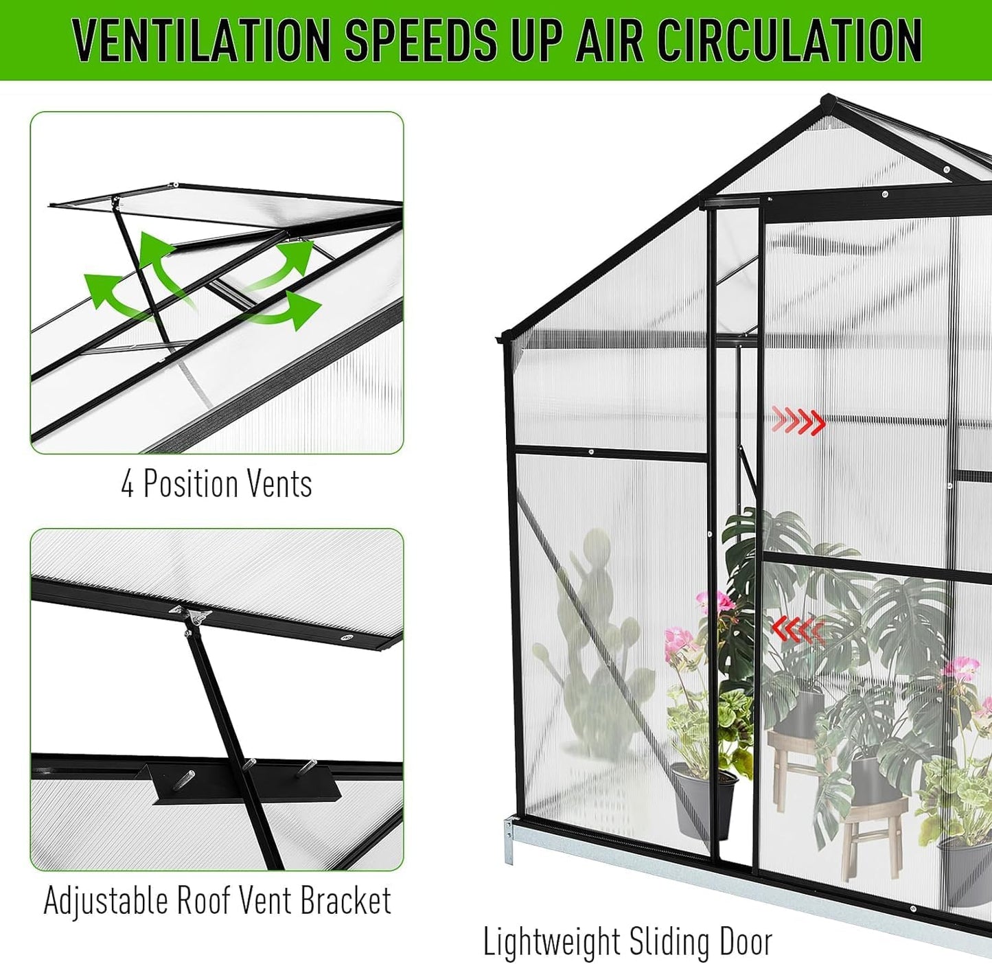 12 x 8 FT Polycarbonate Greenhouses with Adjustable Roof Vent, Heavy Duty Walk-in Aluminum Frame Greenhouse with Door, Outdoor Green Houses for Outside Backyard Garden, Black