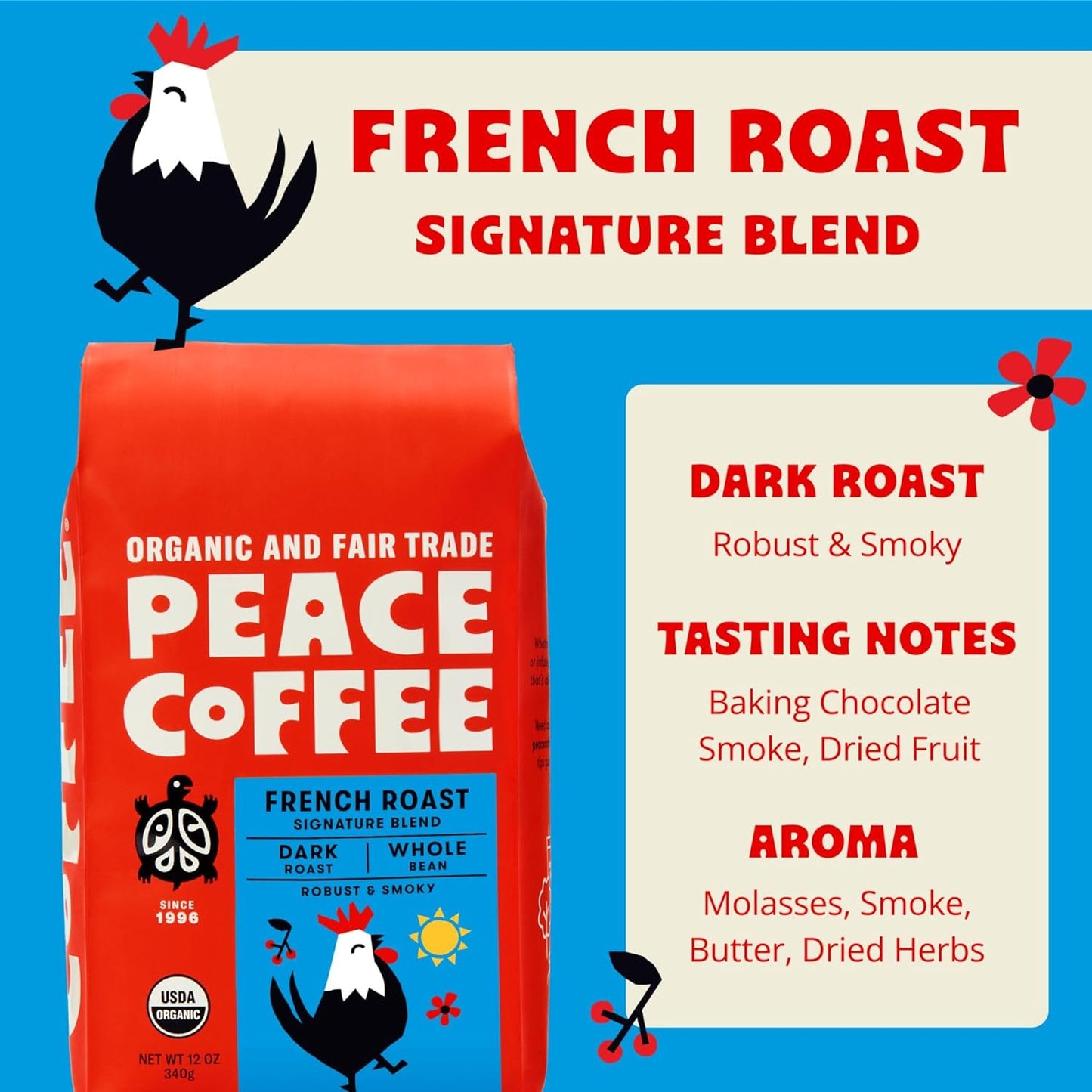 French Roast | 20 Oz Whole Bean Dark Roast | Organic Fair Trade | Soft, Gentle Flavor | Shade Grown, Fresh Roasted