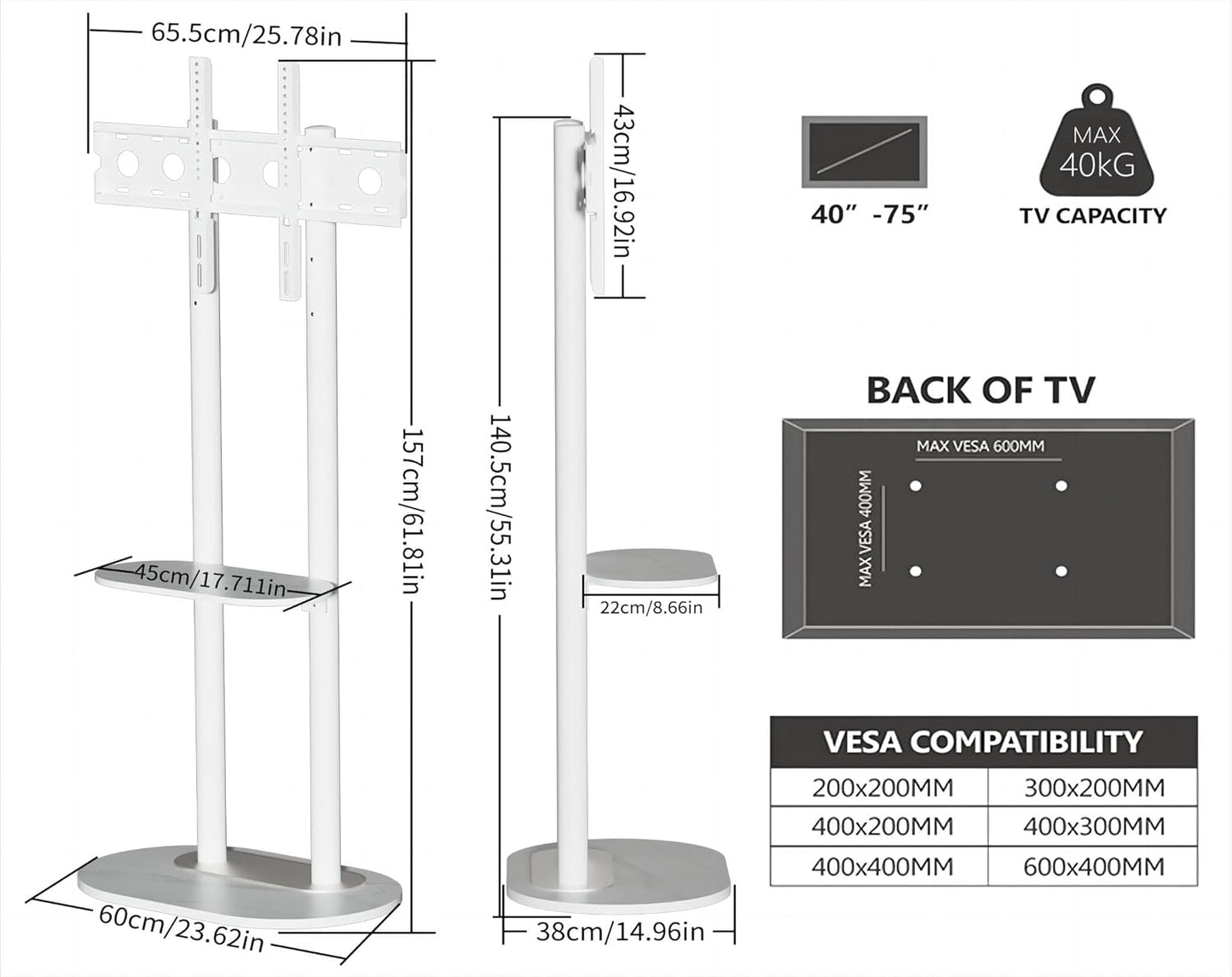 unho Double-Pole Floor TV Mount Stand with Heavy Base &amp; Sintered Stone Slate Shelf for Large 45-75 inches Flat LCD LED Screen TVs, Height Adjustable Space Saving Office Bedroom Meeting Living Room