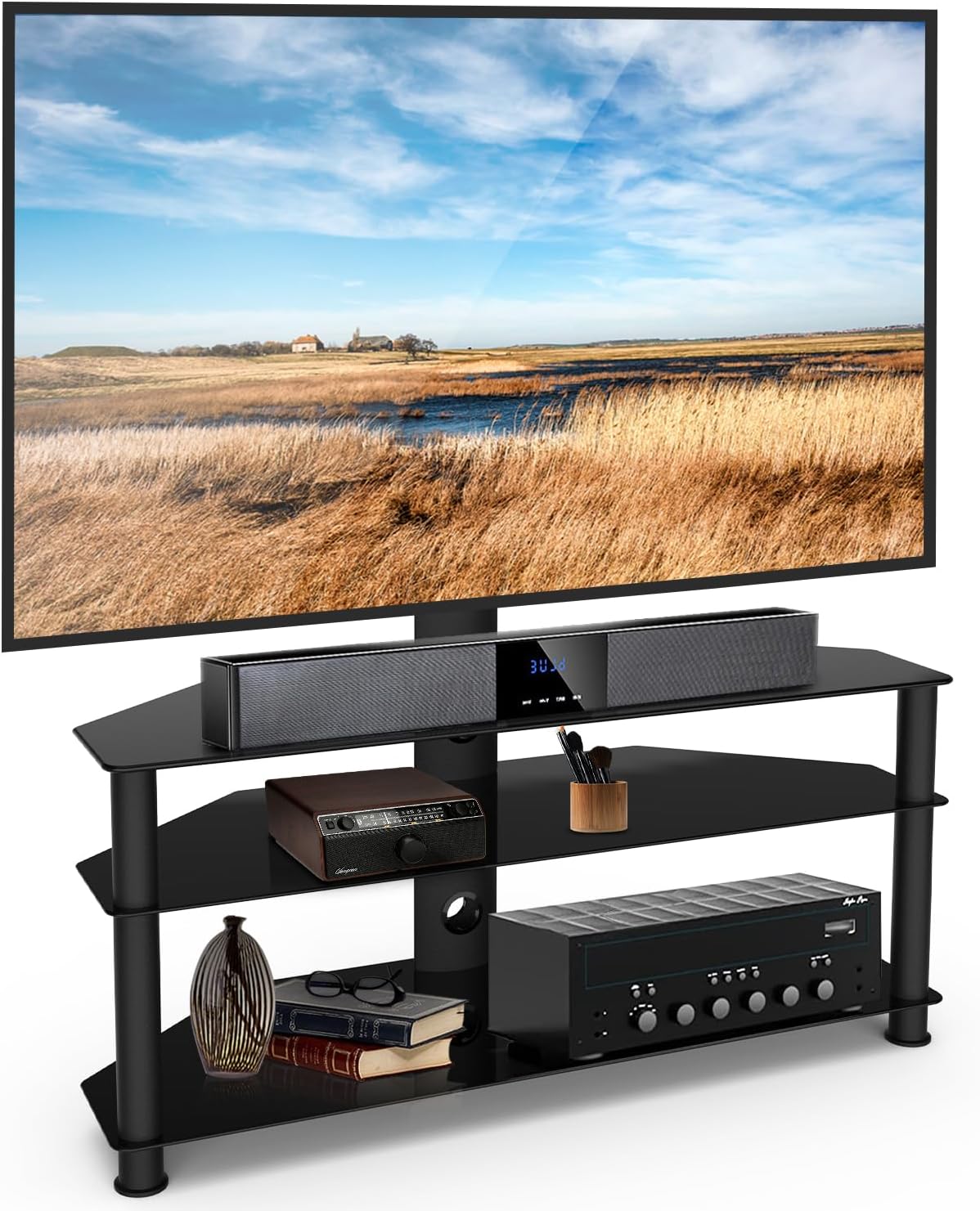 Swivel Floor TV Stand Mount with 3 Tier Tempered Glass Shelves and Height Adjustable Entertainment Center Corner TV Stand for 32-70 inch TVs,Max VESA 600x400mm,Television Stand