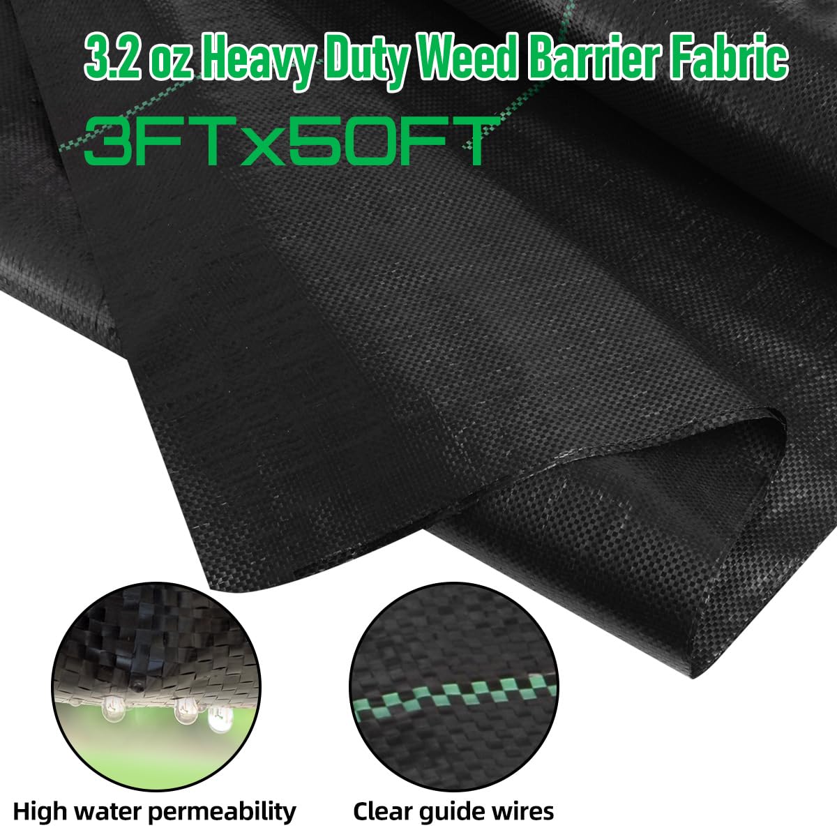 LAVEVE 3FTx 50FT Weed Barrier Landscape Fabric, 3.2oz Premium Heavy-Duty Gardening Weed Control Mat, Ground Cover for Gardening, Farming with 20 U-Shaped Securing Pegs