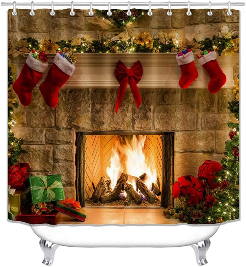 4PCS Christmas Fireplace Shower Curtain Sets, Christmas Tree Stocking Shower Curtain Sets with Rugs, Toilet Lid Cover and Bath Mat for Bathroom Set Decor Christmas Bathroom Decor Theme