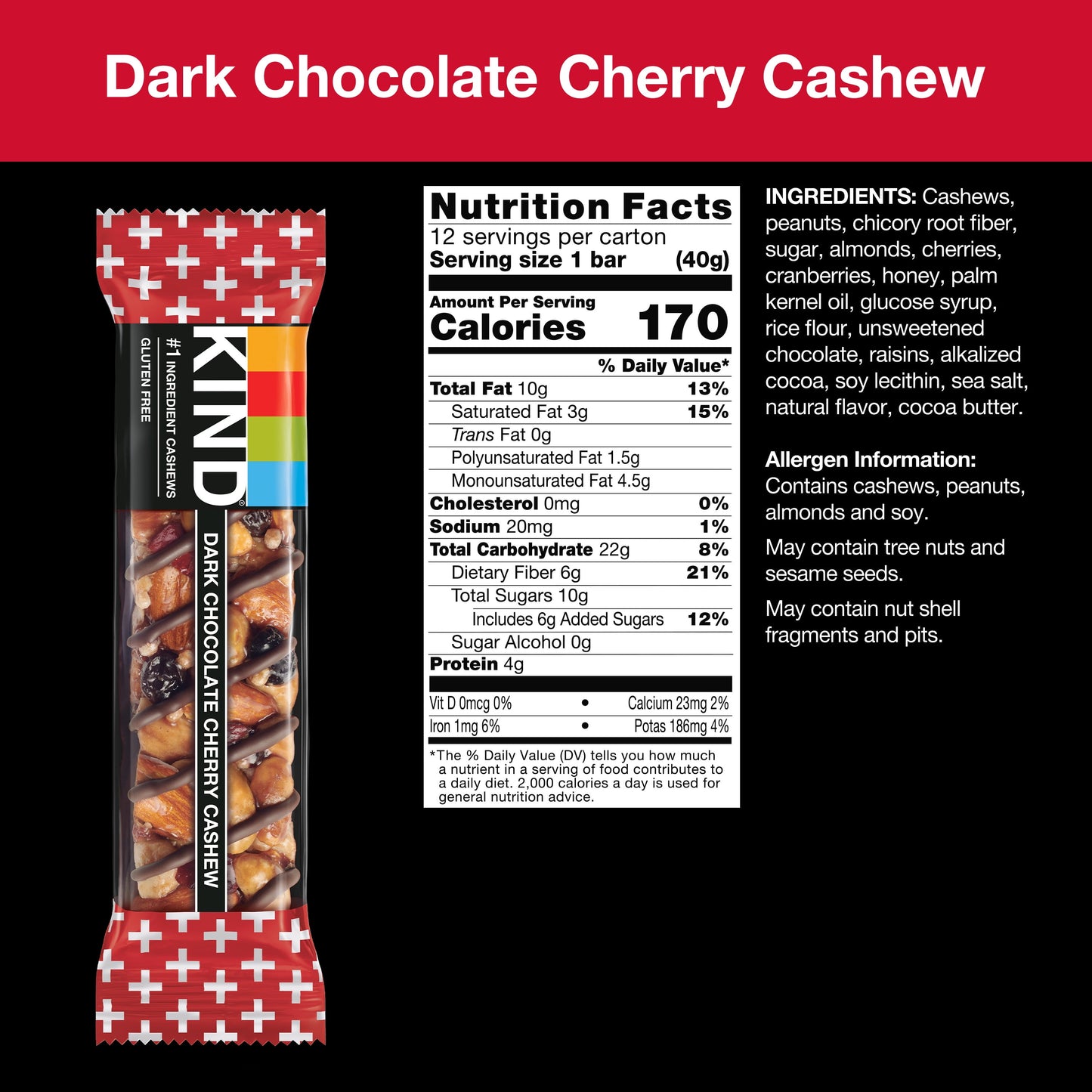 Gluten Free Dark Chocolate Cherry Cashew Snack Bars, 1.4 Oz, 12 Count Box