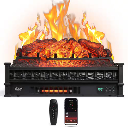 1500-Watt Eternal Flame 26 In. Infrared Quartz Electric Log Heater Realistic Pinewood, Adjustable Flame Colors Black