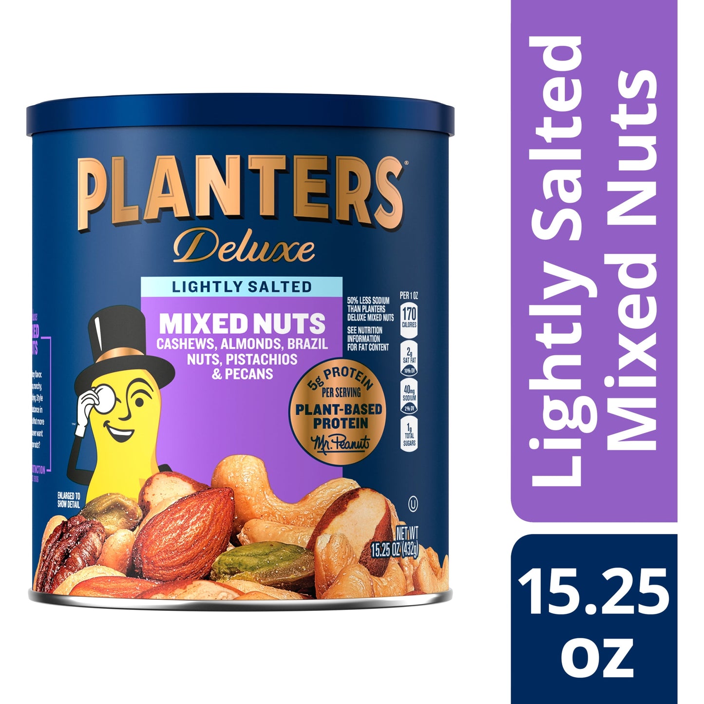 Deluxe Lightly Salted Mixed Nuts, Party Snacks, Plant-Based Protein 15.25Oz (1 Canister)