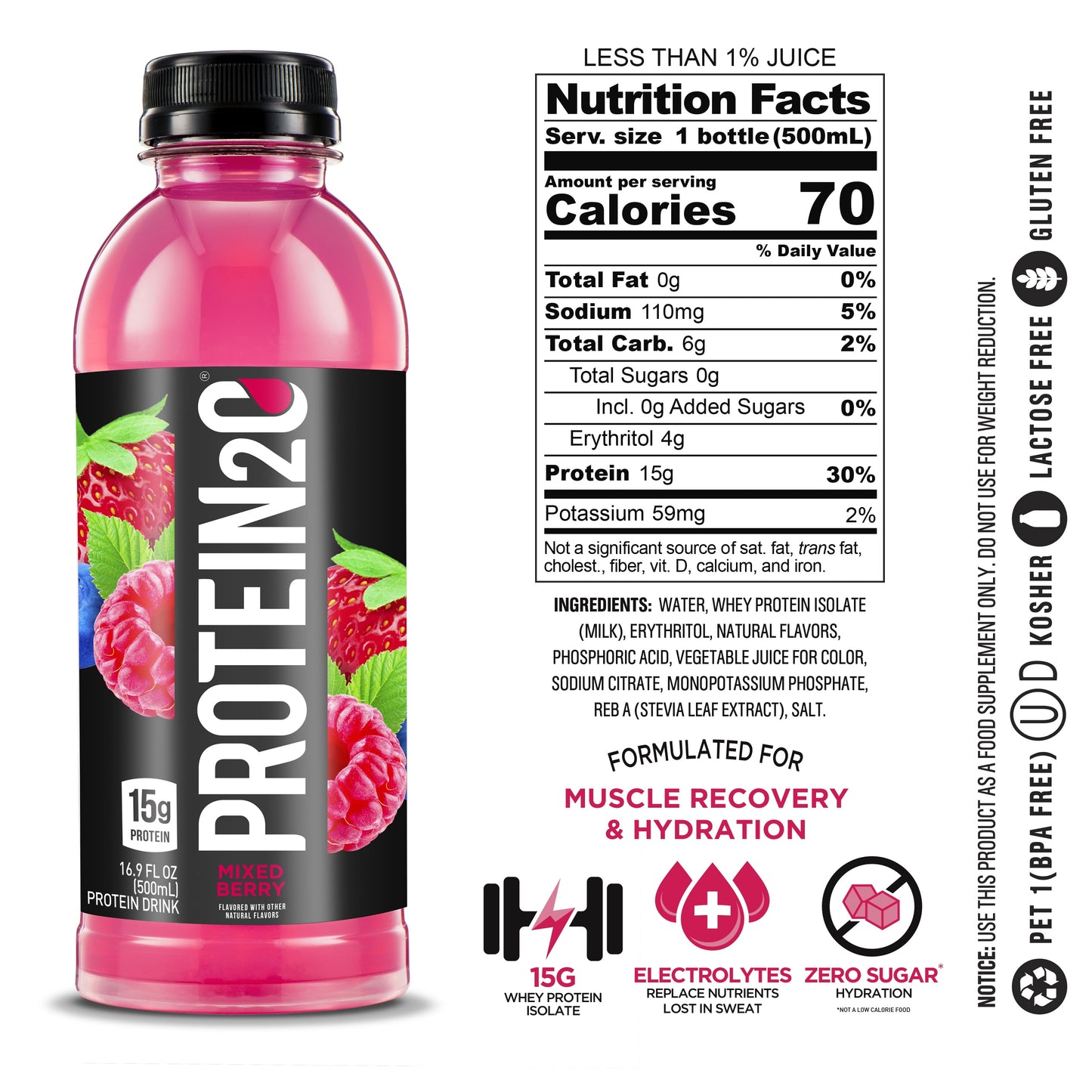 +Electrolytes, 15G Whey Protein Infused Water, Mixed Berry, 16.9 Fl Oz Bottle (Pack of 12)