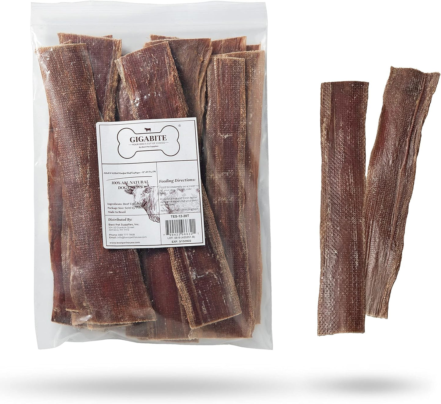 Gigabite 12 Inch Beef Gullet Jerky Strips (20 Pack) - All Natural, Free Range Beef Esophagus Taffy Dog Treat by