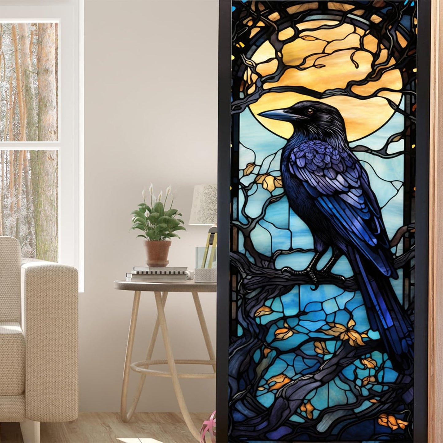 Window Privacy Film Crow Stained Glass Window Film Window Frosted Glass Window Cling Privacy Film Heat Blocking Static Cling Day and Night Home Door Window Coverings 17.7"X39.5" (BL172)