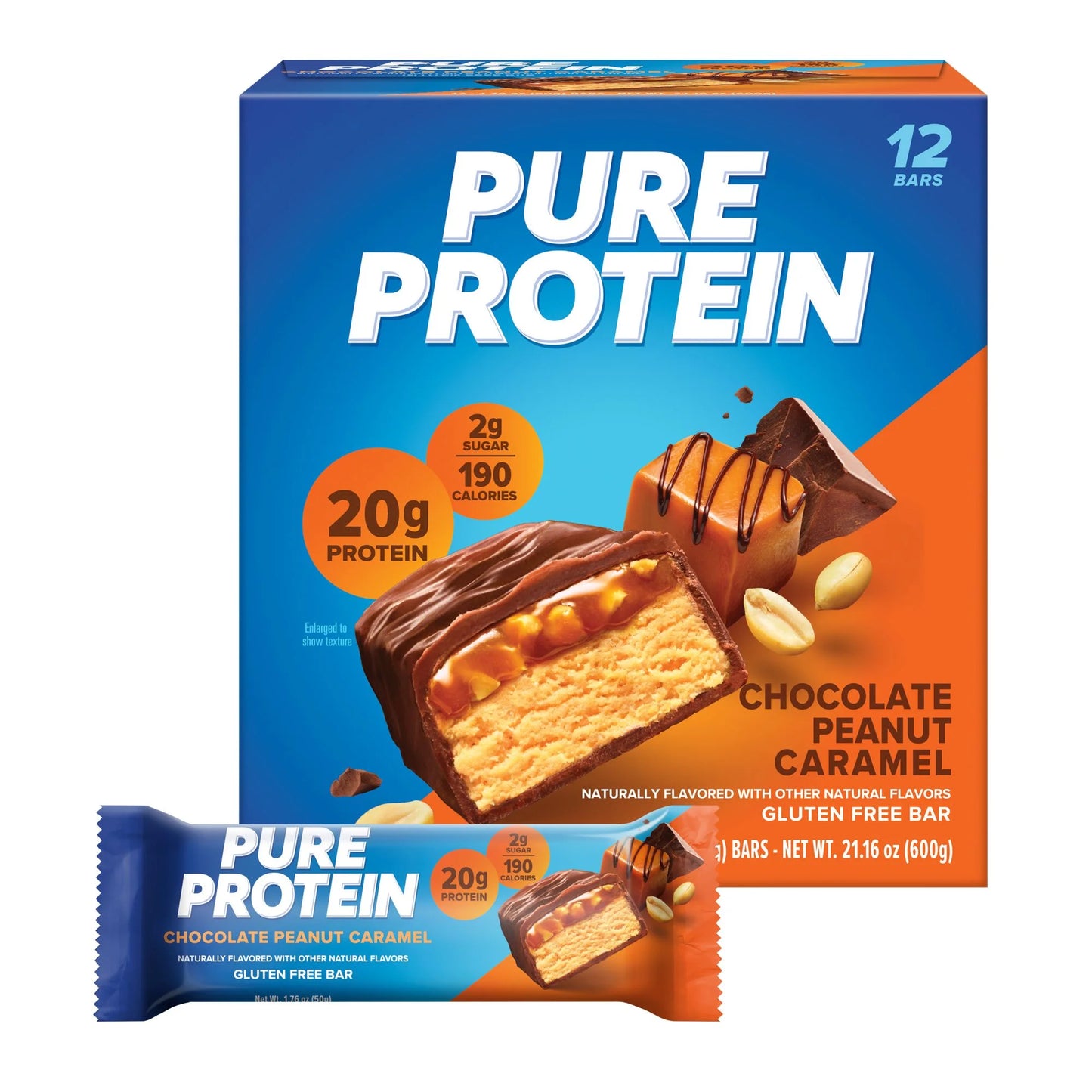 Chocolate Peanut Caramel Protein Bars, 20G Protein, Gluten Free, 1.76 Oz, 12 Ct