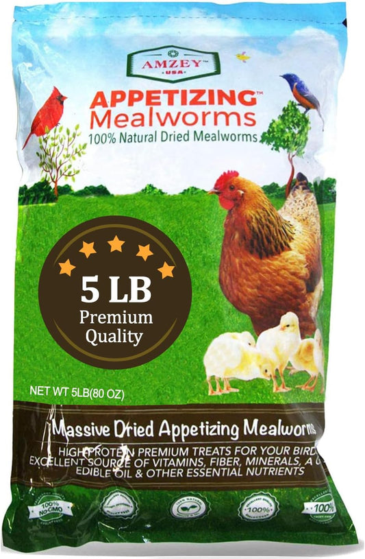 5 LBS- 100% Non-Gmo Dried Mealworms - Large Meal Worms - High Protein Treats- Perfect Mealworm for Chickens, Ducks, Turtles, Blue Birds, Lizards - Bag of Mealworms 5 LBS