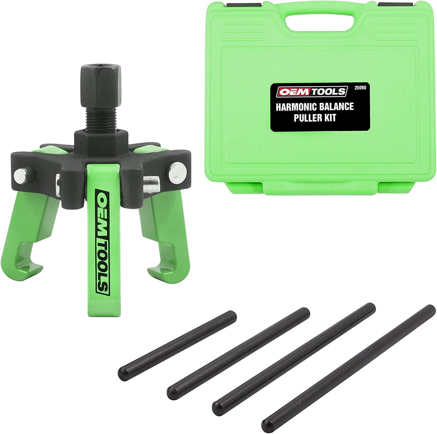 25090 Harmonic Balancer Puller/Installer Set, 3 Jaw Puller for Use with GM, Ford, and Chrysler, Spring-Loaded Jaws Tool, Multiple Forcing Rods