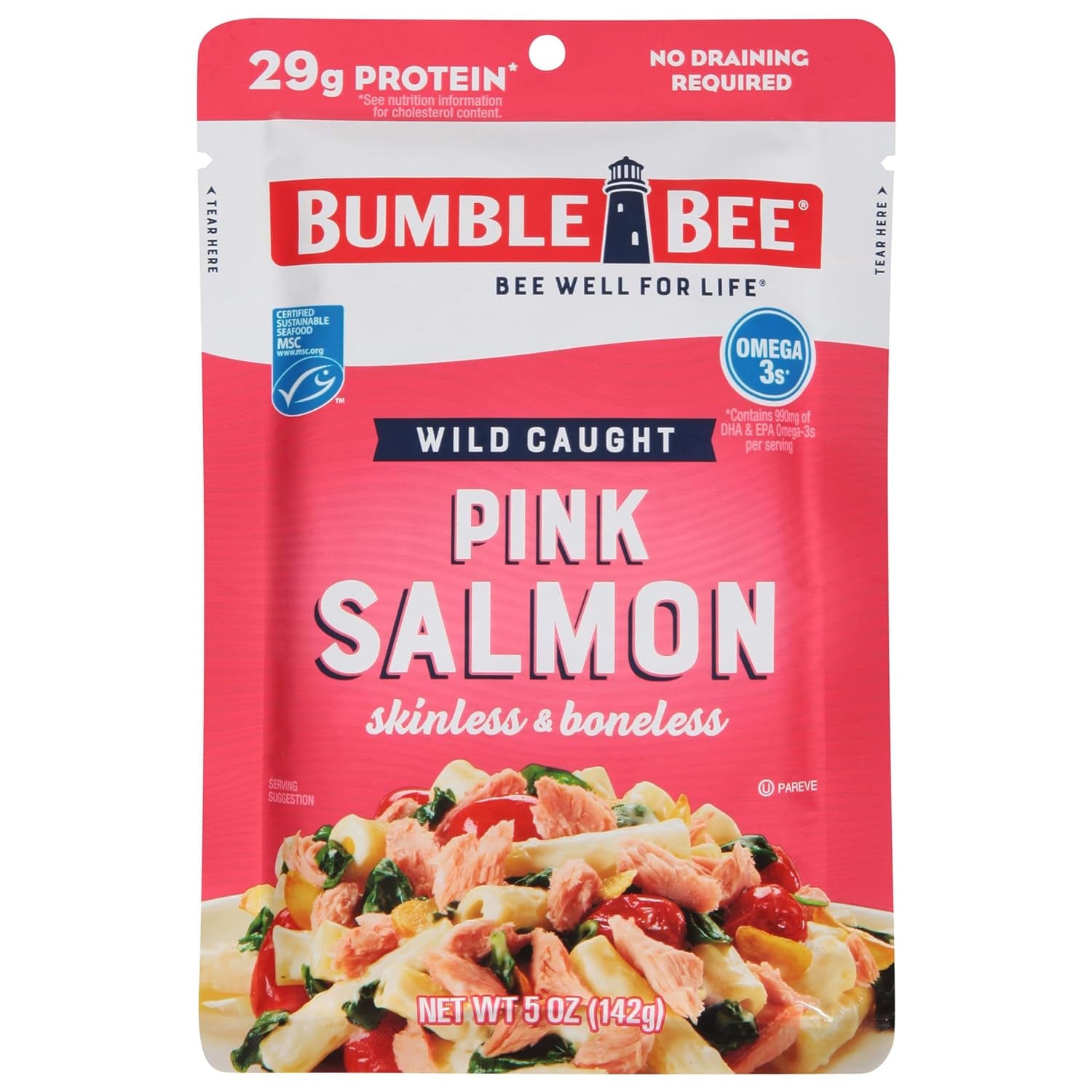 Skinless & Boneless Pink Salmon, 5 Oz Pouch (Pack of 12) - Premium Wild Caught Salmon for Snacks, Sandwiches & Recipes - 29G Protein per Serving - Gluten Free, Kosher, MSC Certified