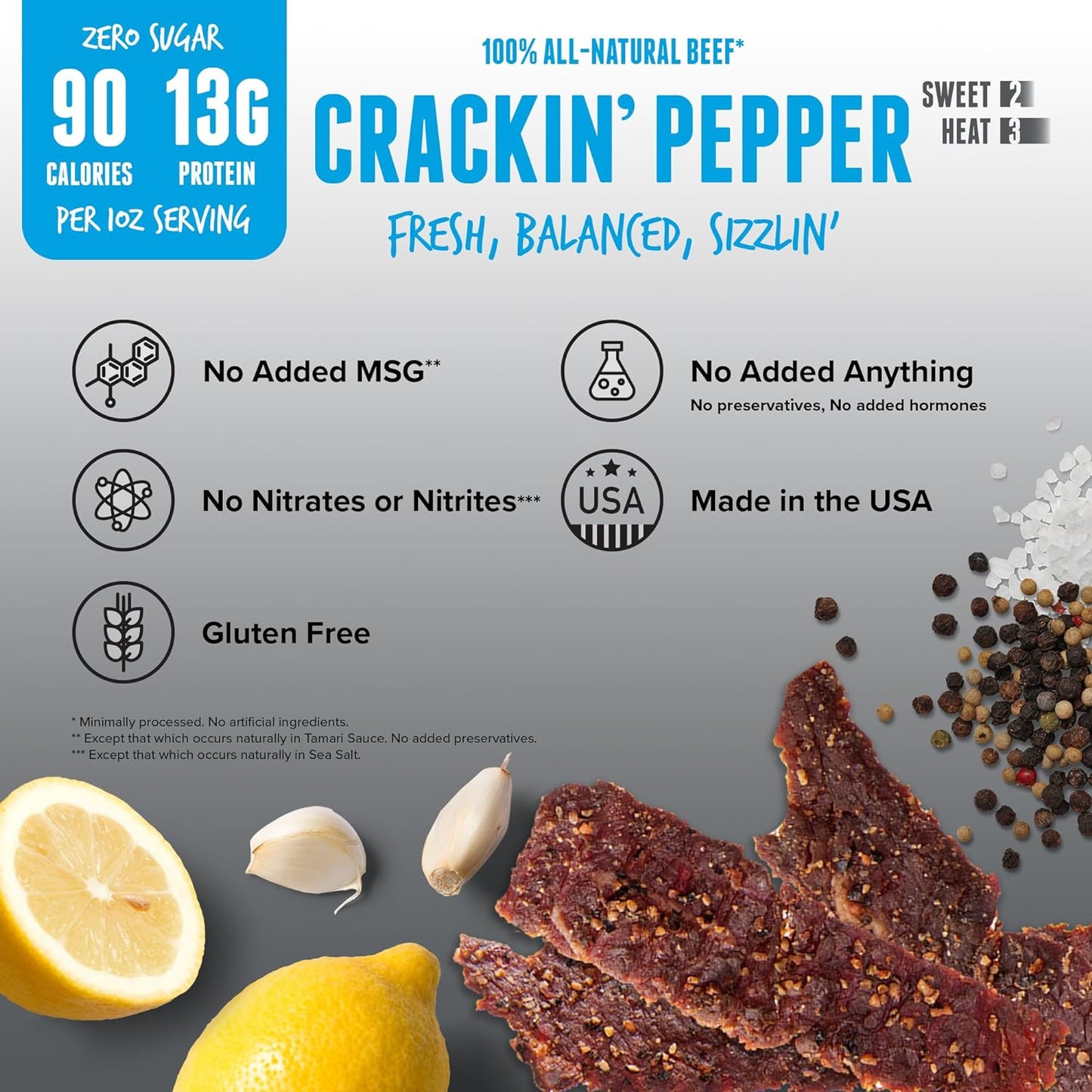 Jerky - 100% All Natural Beef Jerky, Keto Jerky, Gluten Free, Low Calorie Craft Jerky, 13G Protein per Serving, No Nitrates or Added Hormones - Crackin' Pepper, 2 Oz Bag (Pack of 4)