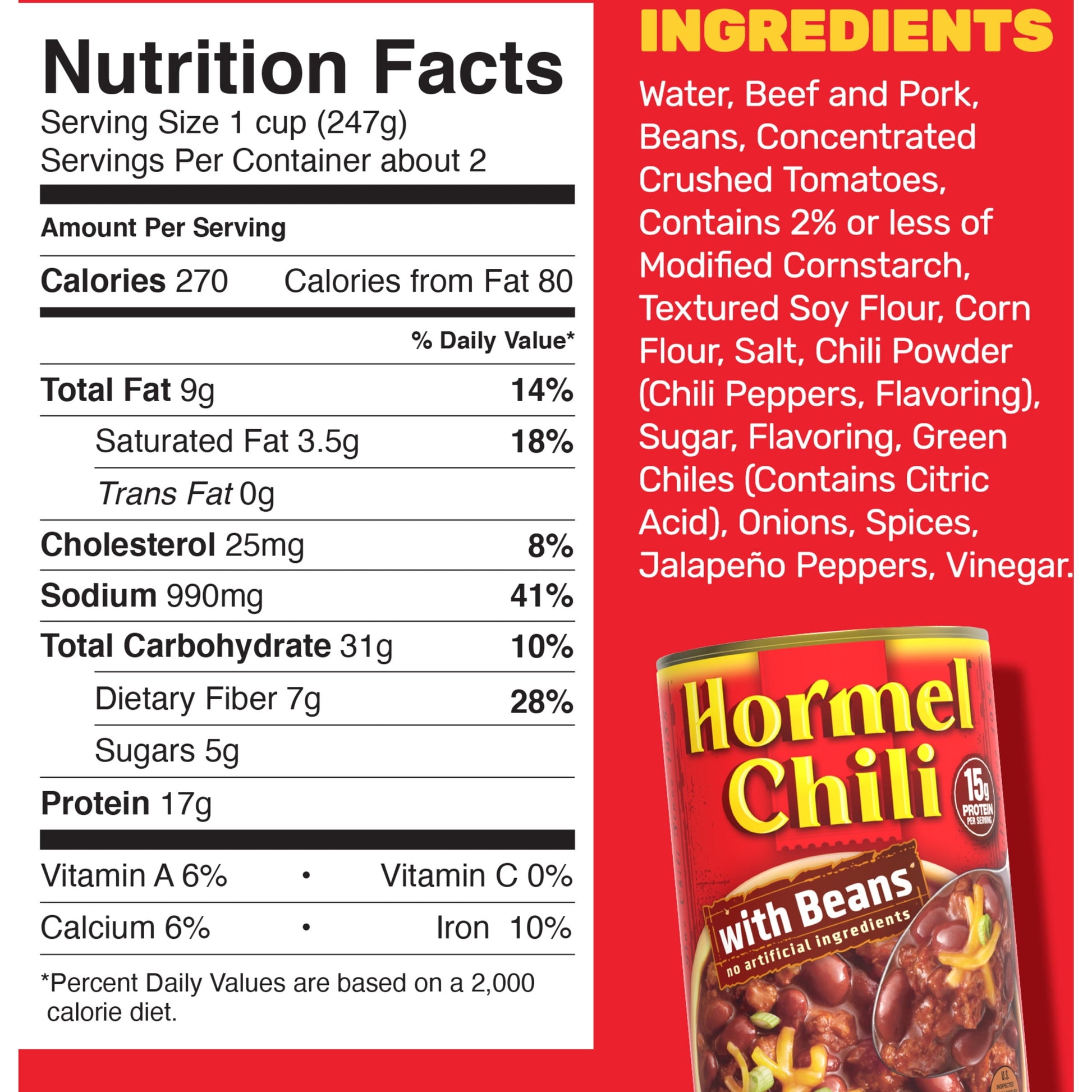 Chili with Beans, Beef, No Artificial Ingredients, 15 Oz Steel Can (4 Pack)