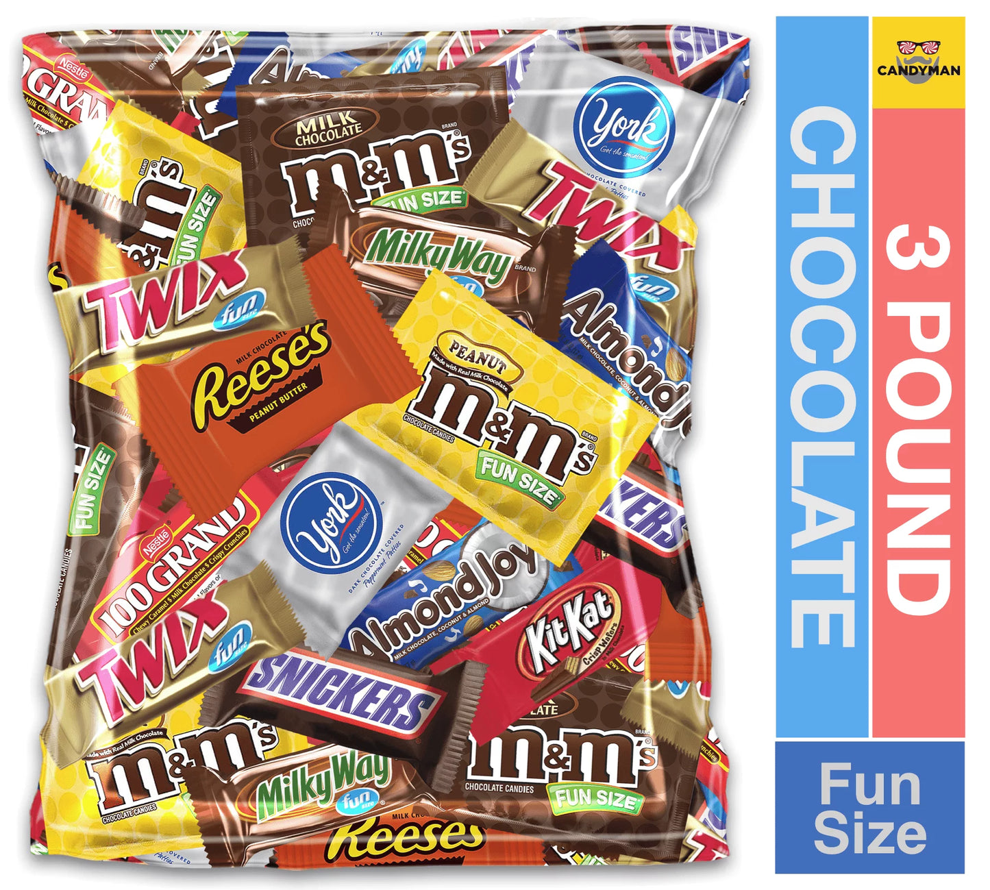 (3 LBS) Chocolate Candy Bundle with M&M'S Milk Chocolate, M&M'S Peanut, Skittles, Starburst, Snickers, Milky Way & Twix Individually Wrapped Candy