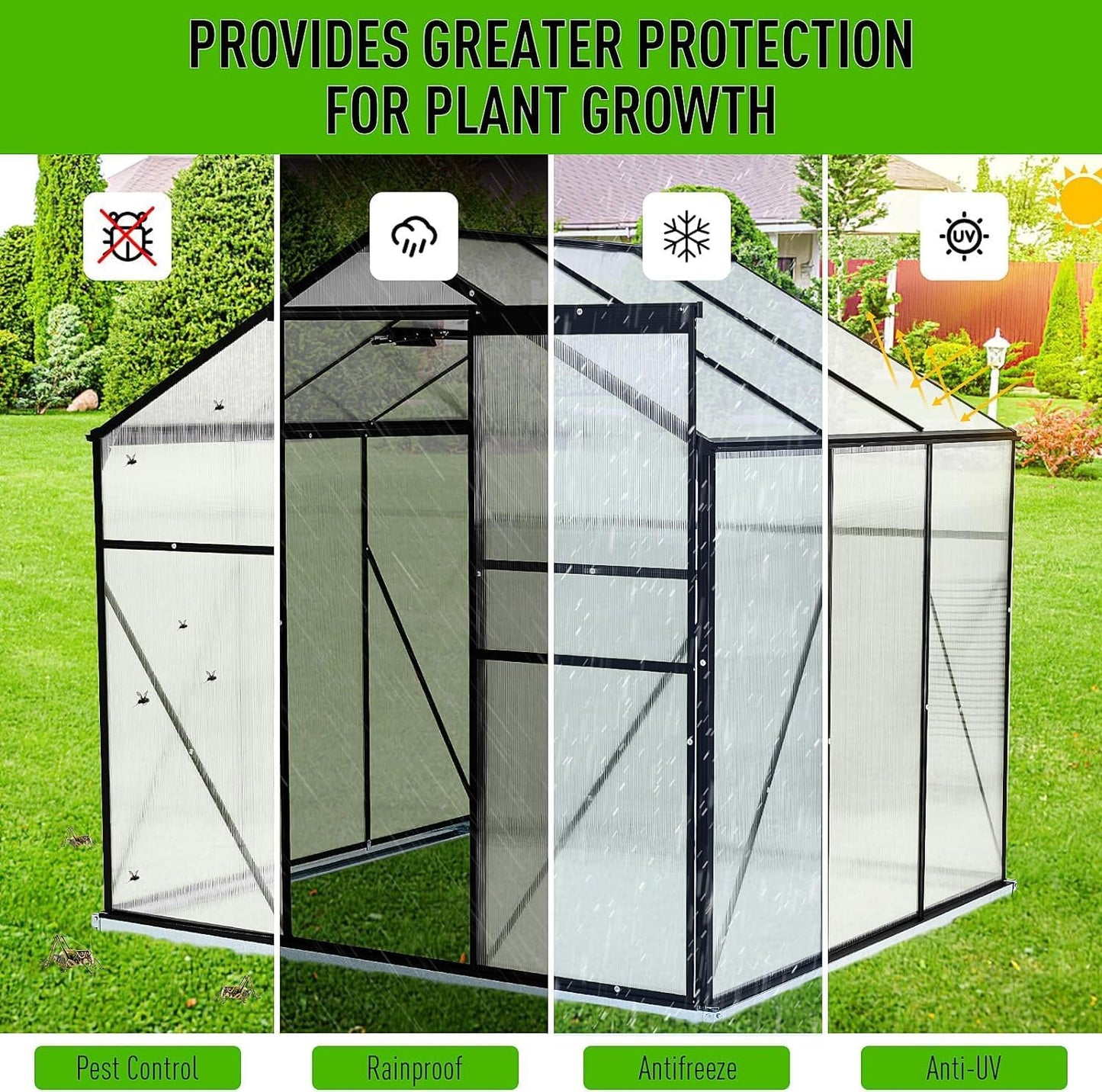 12 x 8 FT Polycarbonate Greenhouses with Adjustable Roof Vent, Heavy Duty Walk-in Aluminum Frame Greenhouse with Door, Outdoor Green Houses for Outside Backyard Garden, Black