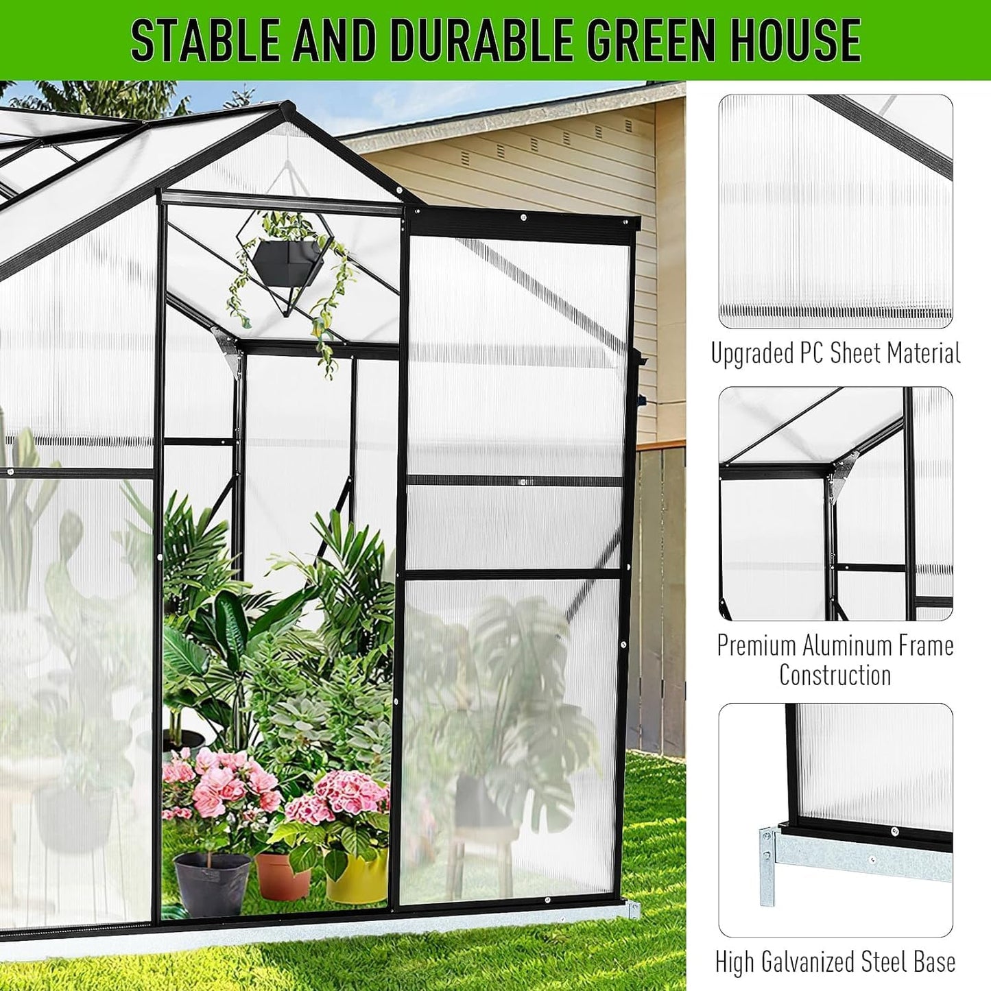 12 x 8 FT Polycarbonate Greenhouses with Adjustable Roof Vent, Heavy Duty Walk-in Aluminum Frame Greenhouse with Door, Outdoor Green Houses for Outside Backyard Garden, Black