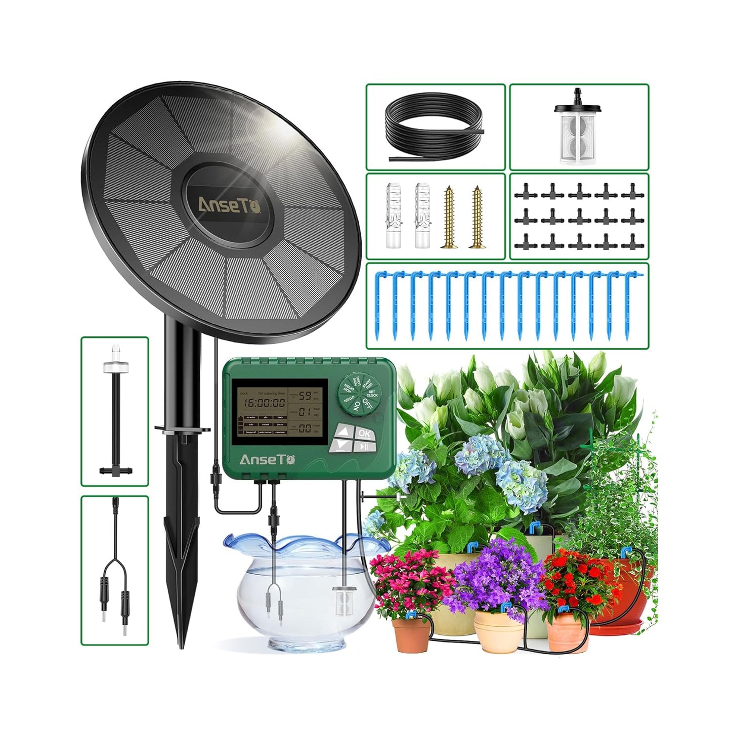 Solar Irrigation System with Split Water Timer with 2200 Mah Battery for Garden, Balcony, Solar Automatic Drip Irrigation System Hose Irrigation System with Water Level Detection