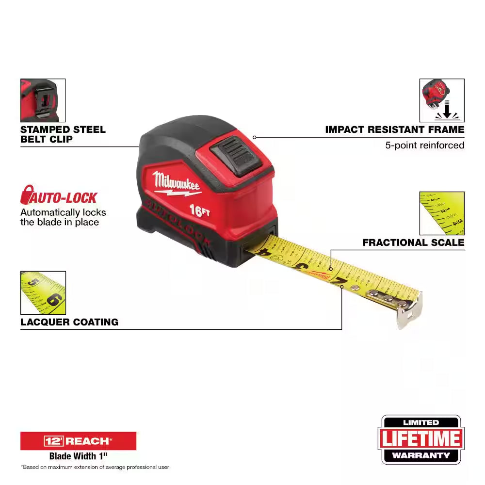 Compact Auto Lock 16 Ft. SAE Tape Measure with Fractional Scale and 9 Ft. Standout