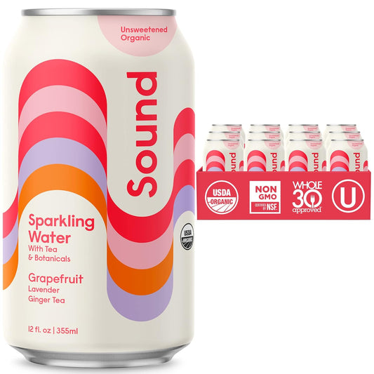 Sparkling Water - Grapefruit W/Lavender & Ginger Tea. Organic. Zero Calories. Zero Sugar. Non-Gmo. Whole30. Caffeine Free Seltzer Water. 12 Fl Oz (Pack of 12)