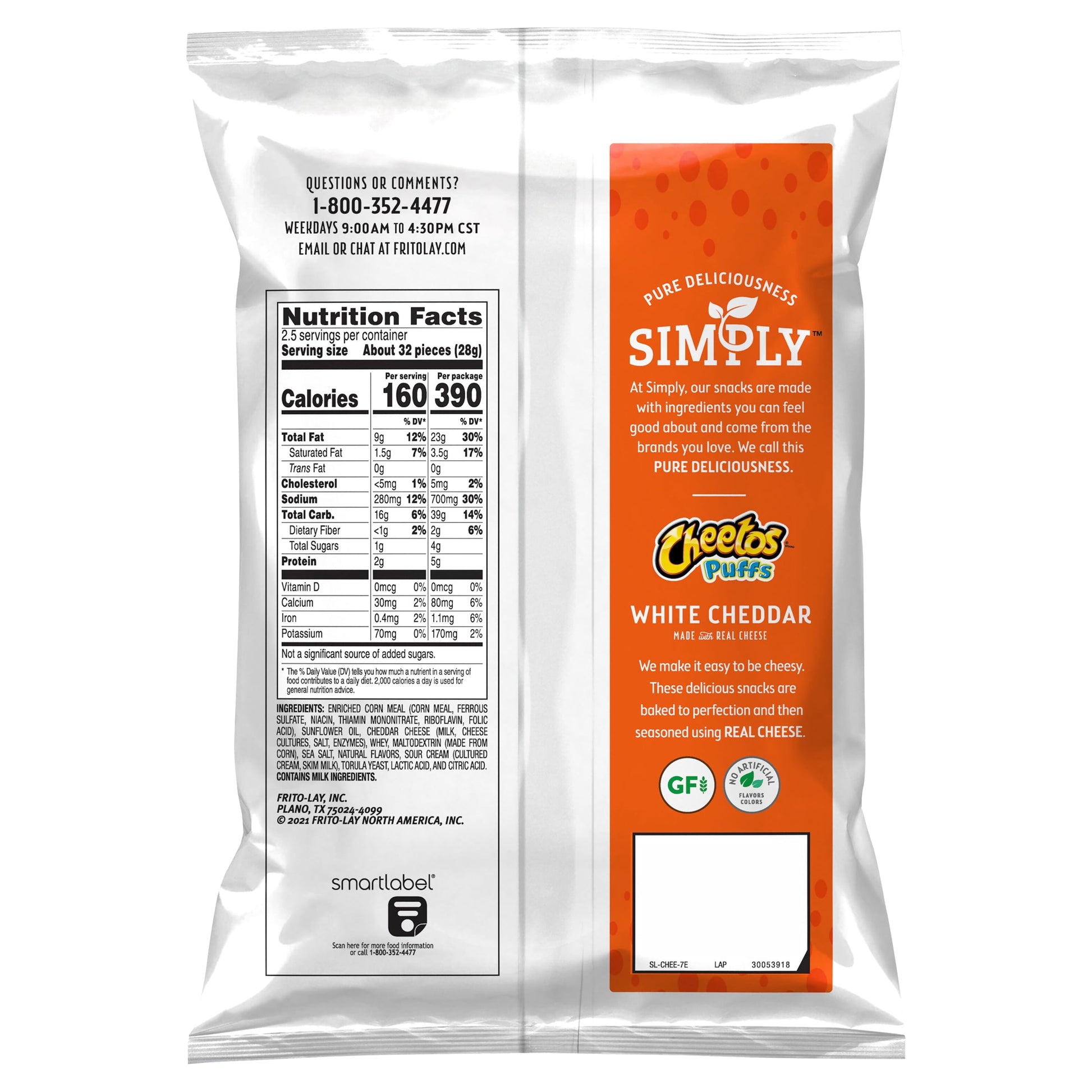 Simply Puffs White Cheddar Cheese Flavored Puffed Snacks, 2.5 Oz Bag
