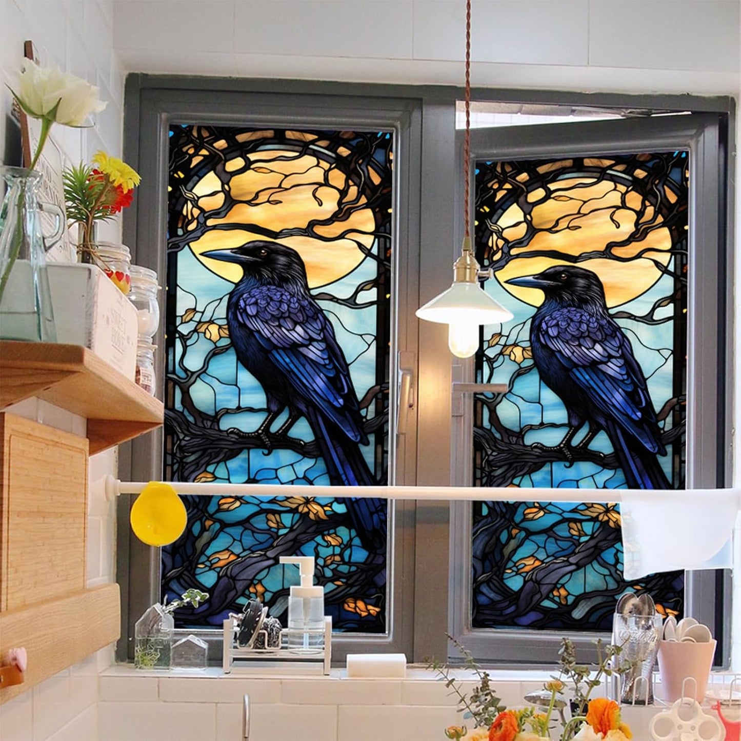 Window Privacy Film Crow Stained Glass Window Film Window Frosted Glass Window Cling Privacy Film Heat Blocking Static Cling Day and Night Home Door Window Coverings 17.7"X39.5" (BL172)