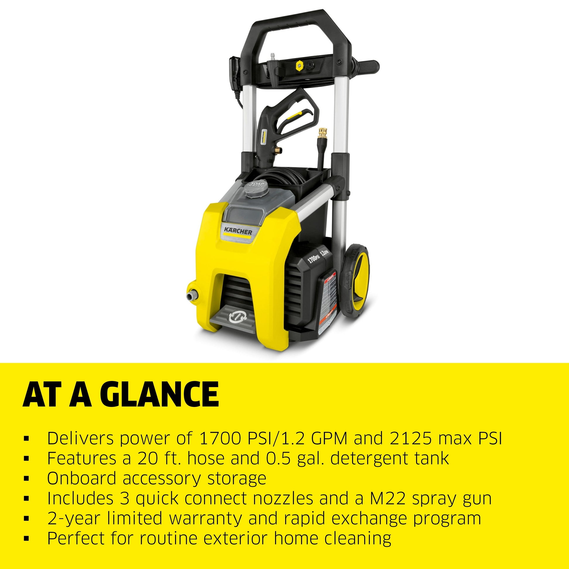 K1700, Max 2125 PSI, Pressure Washer with Hose, Spray Gun, 3 Nozzles, 1.2 GPM