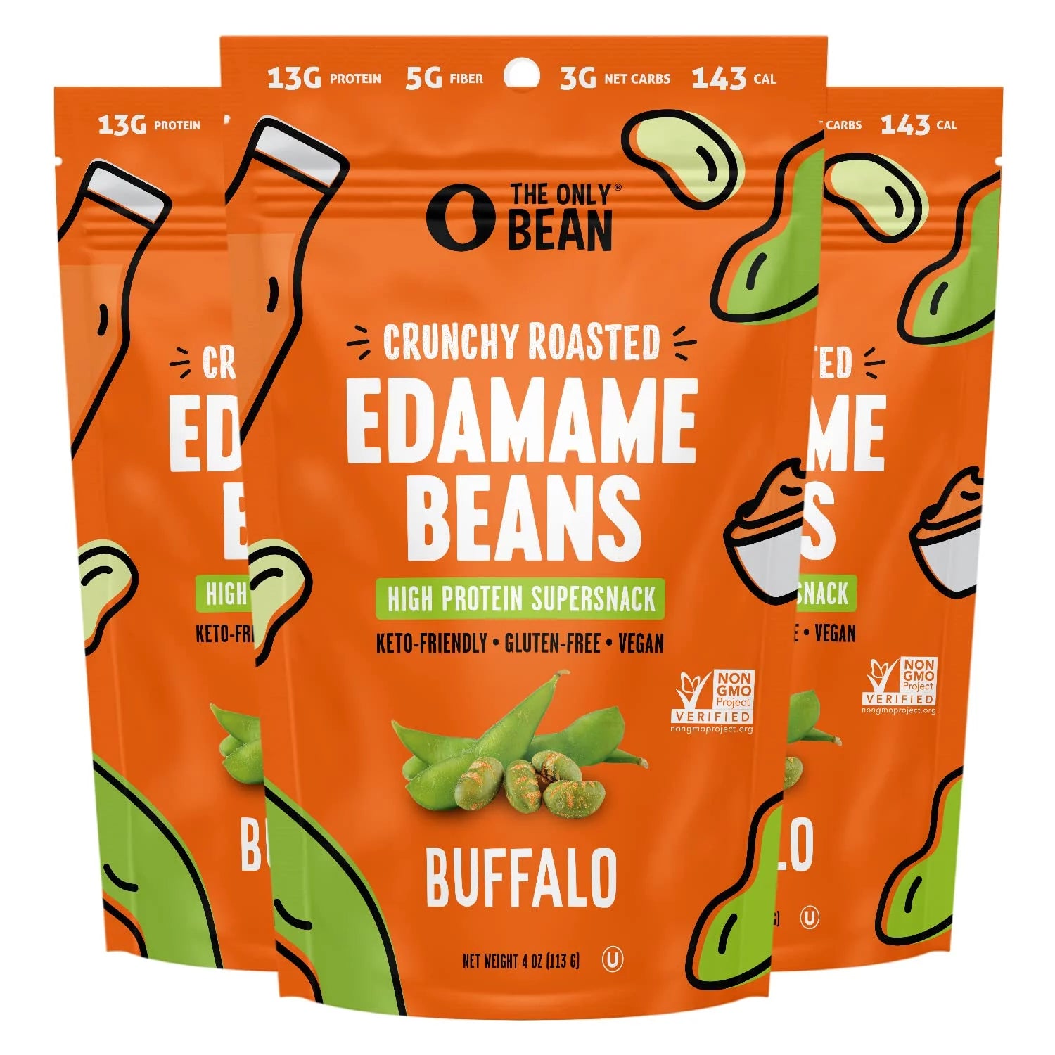 Crunchy Roasted Edamame Beans (Buffalo) - Keto Snacks (3G Net) - High Protein Healthy Snacks (13G Protein) - Low Carb & Calorie, Gluten-Free Snack, Vegan Keto Food - 4 Oz (3 Pack)