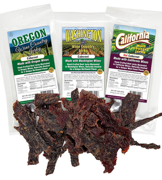 Wine Country Jerky - Variety 3-Pack Gift Set - Beef Jerky Marinated in Wine (OR Cabernet, WA Cabernet, CA Hot Cabernet)