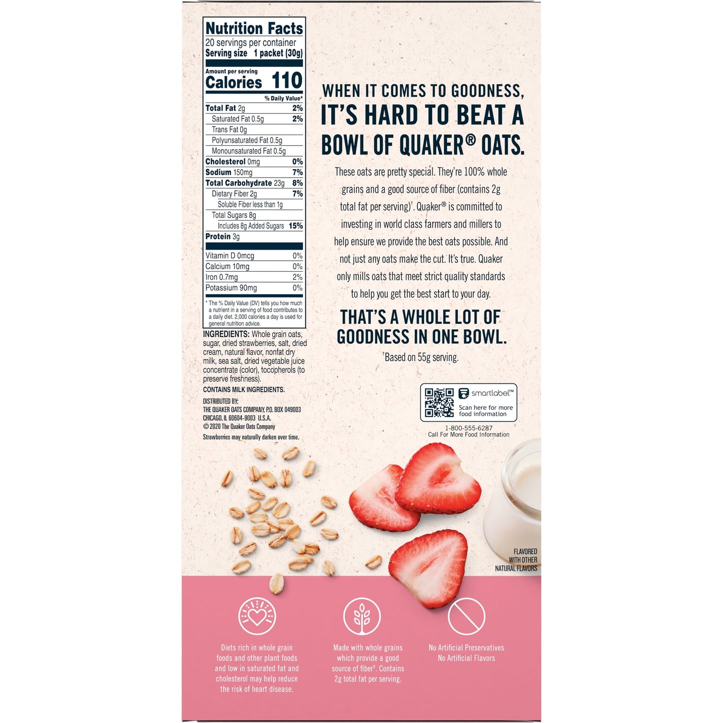 , Instant Oatmeal, Strawberry & Cream, Ready-To-Microwave Oatmeal, 1.1 Oz Packets, 20 Pack