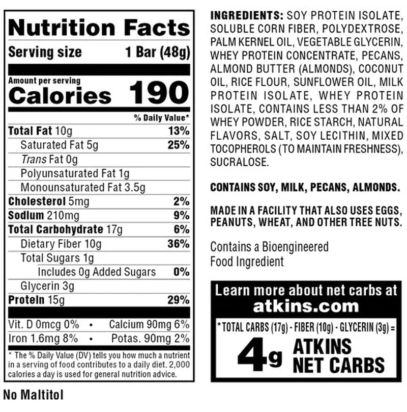 Vanilla Pecan Crisp Protein Meal Bar, Low Sugar, Meal Replacement, Keto Friendly, 5 Ct