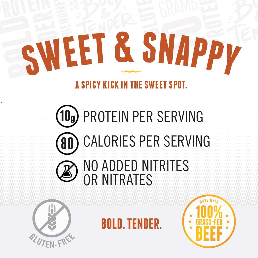 Sweet and Snappy 100% Grass Fed Beef Jerky, 2.2Oz (Pack of 12) - Antibiotic Free - 10G Protein per Serving - Low Fat - Tender Texture