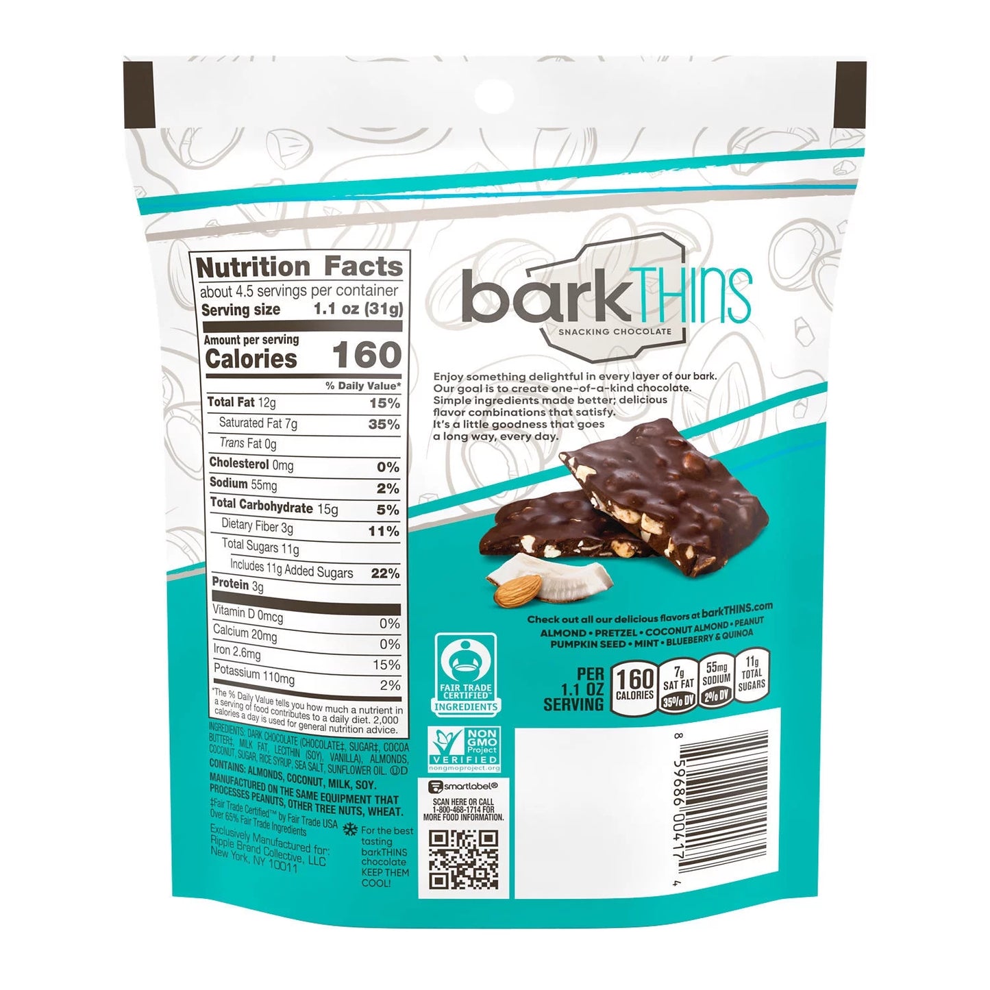 Dark Chocolate, Coconut and Almond Snacking Chocolate, Bag 4.7 Oz