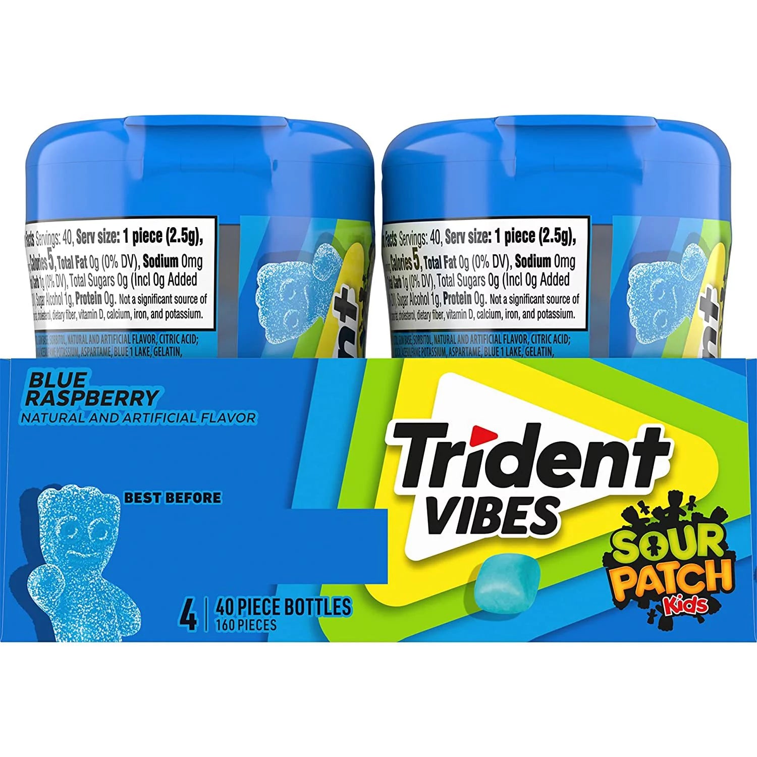 Vibes SOUR PATCH KIDS Blue Raspberry Sugar Free Gum, 4-40 Piece Bottles 160 Total Pieces