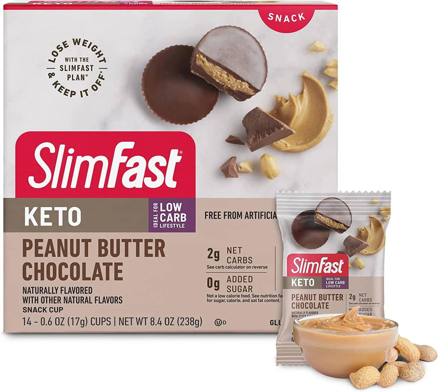 Low Carb Chocolate Snacks, Keto Friendly for Weight Loss with 0G Added Sugar & 3G Fiber, Peanut Butter Chocolate, 14 Count Box Packaging May Vary