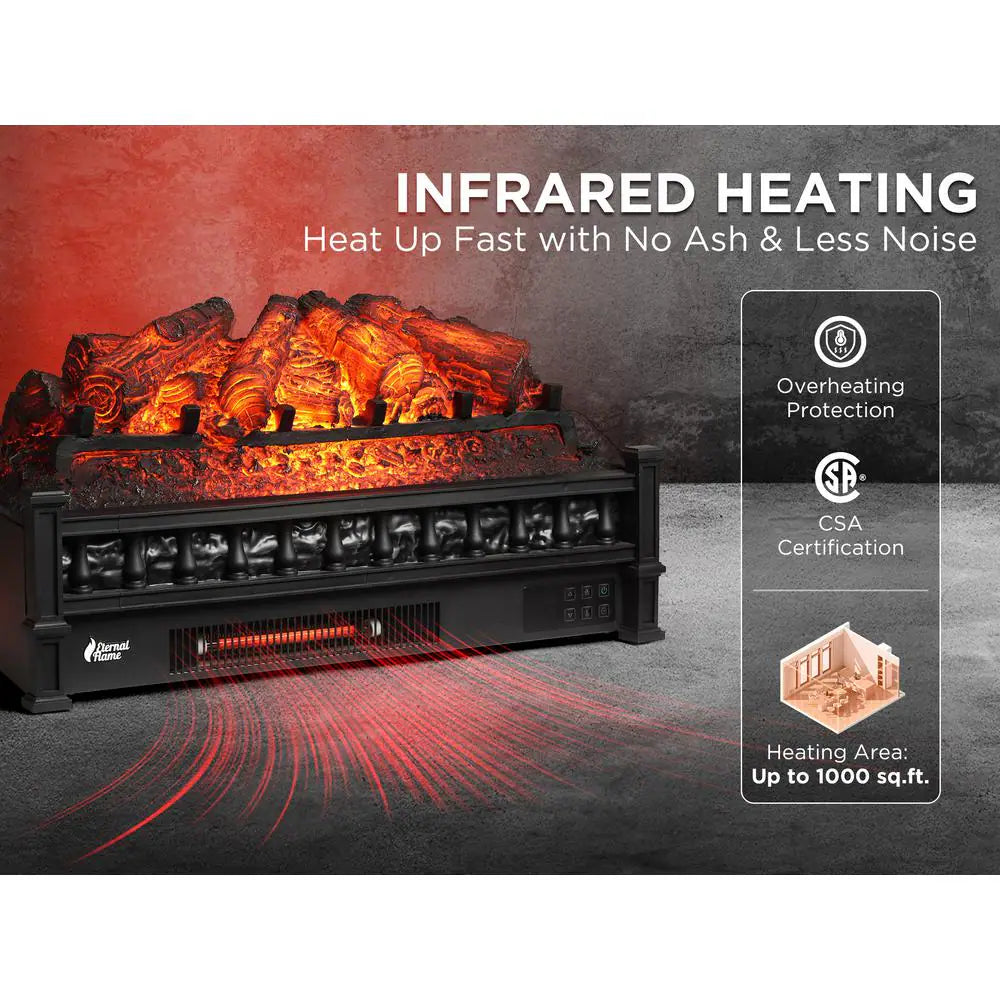 1500-Watt Eternal Flame 26 In. Infrared Quartz Electric Log Heater Realistic Pinewood, Adjustable Flame Colors Black