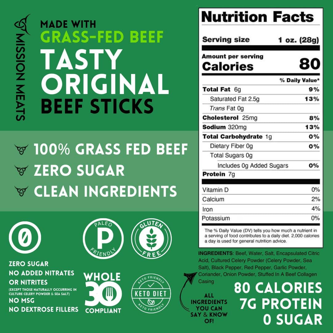 Grass Fed Beef Sticks – Sugar Free Beef Sticks, Gluten Free, Whole 30, Paleo, Keto Meat Sticks, Sugar Free Jerky Beef Sticks Individually Wrapped, 1Oz (Original, Pack of 12)