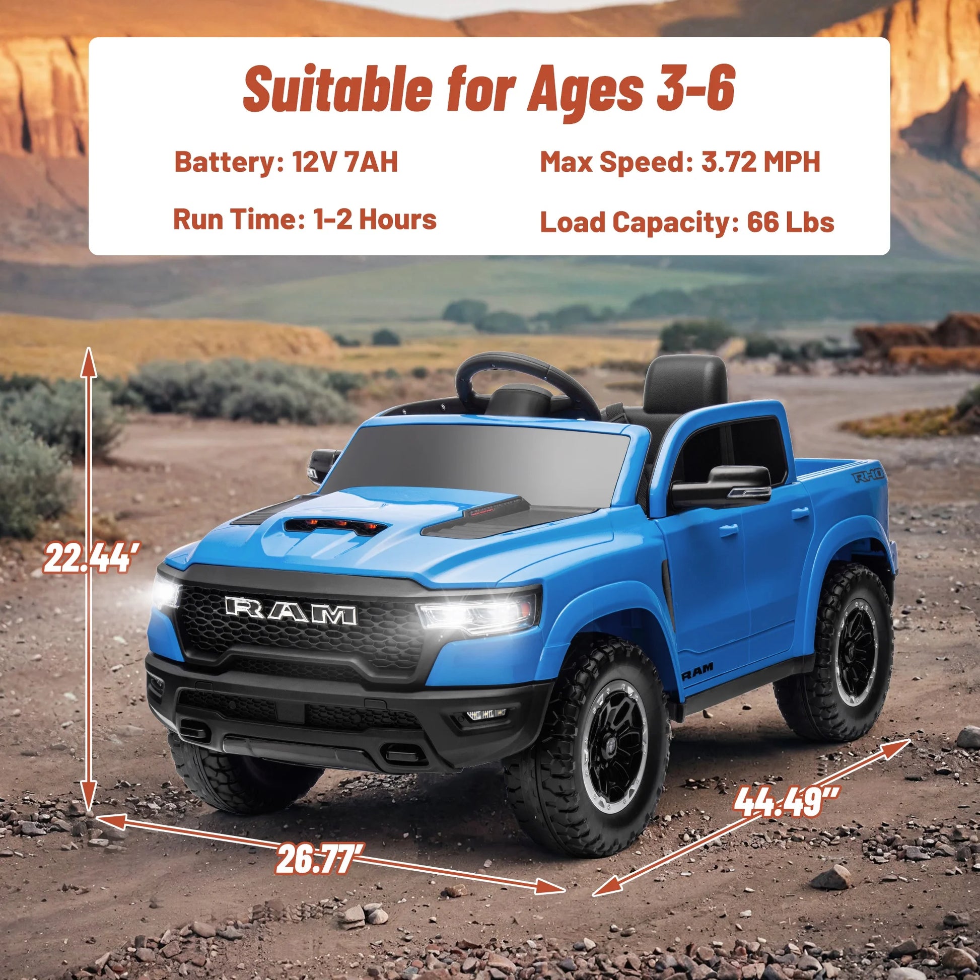 12V Ram Ride on Car Toys for Kids, Licensed Ram 1500 Ride on Truck Toy with Parent Remote Control, Electric Car for Boys Girls 3-5 W/Bluetooth, Rear Storage Trunck, Safety Belt, 4 Wheelers, Blue