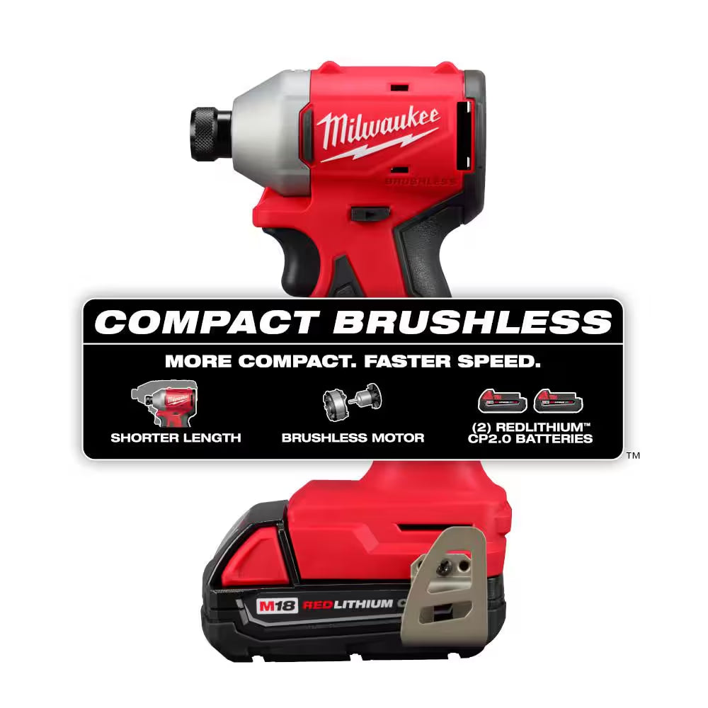 M18 18V Lithium-Ion Brushless Cordless 1/4 In. Impact Driver Kit with Two 2.0 Ah Batteries and Charger