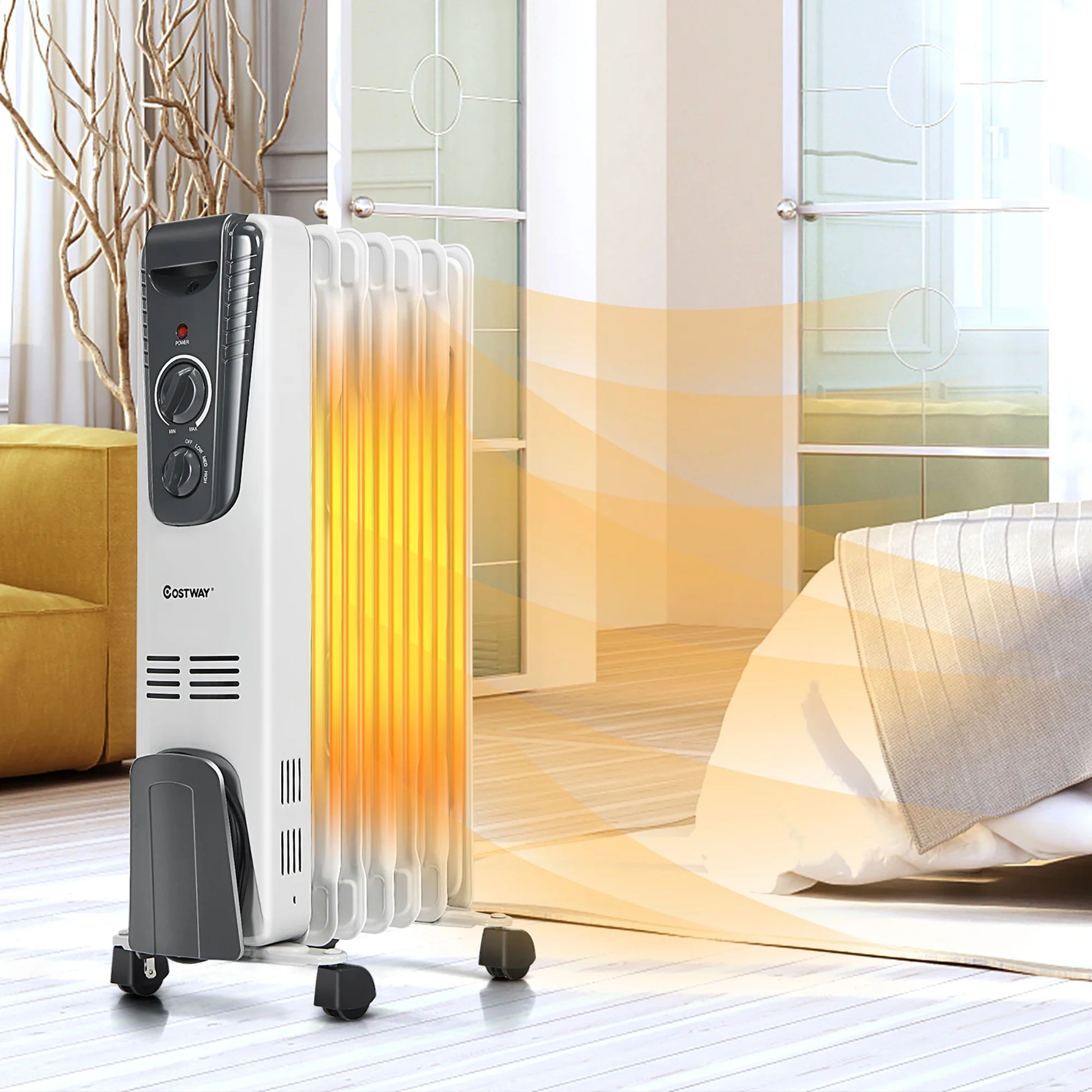 1500W Electric Oil Filled Radiator Space Heater 5.7 Fin Thermostat Room Radiant