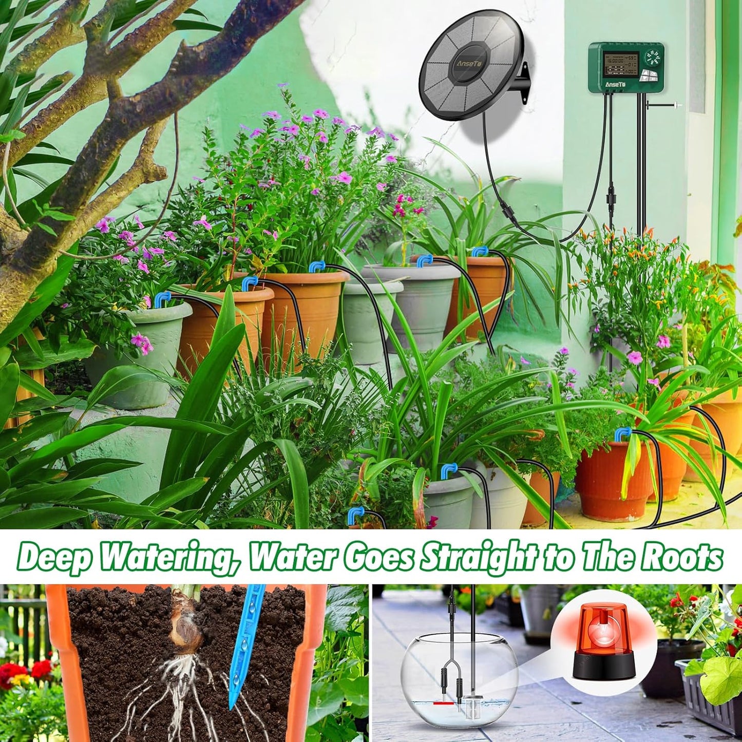 Solar Irrigation System with Split Water Timer with 2200 Mah Battery for Garden, Balcony, Solar Automatic Drip Irrigation System Hose Irrigation System with Water Level Detection