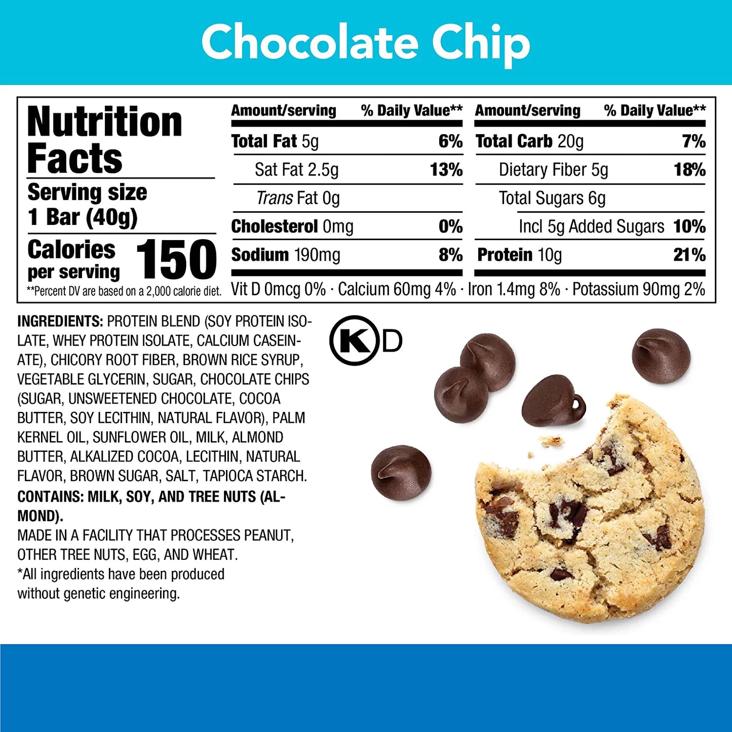 Protein + 150 Calorie Bar, Chocolate Chip, 10G Protein, Gluten Free, Low GI, 10 Count