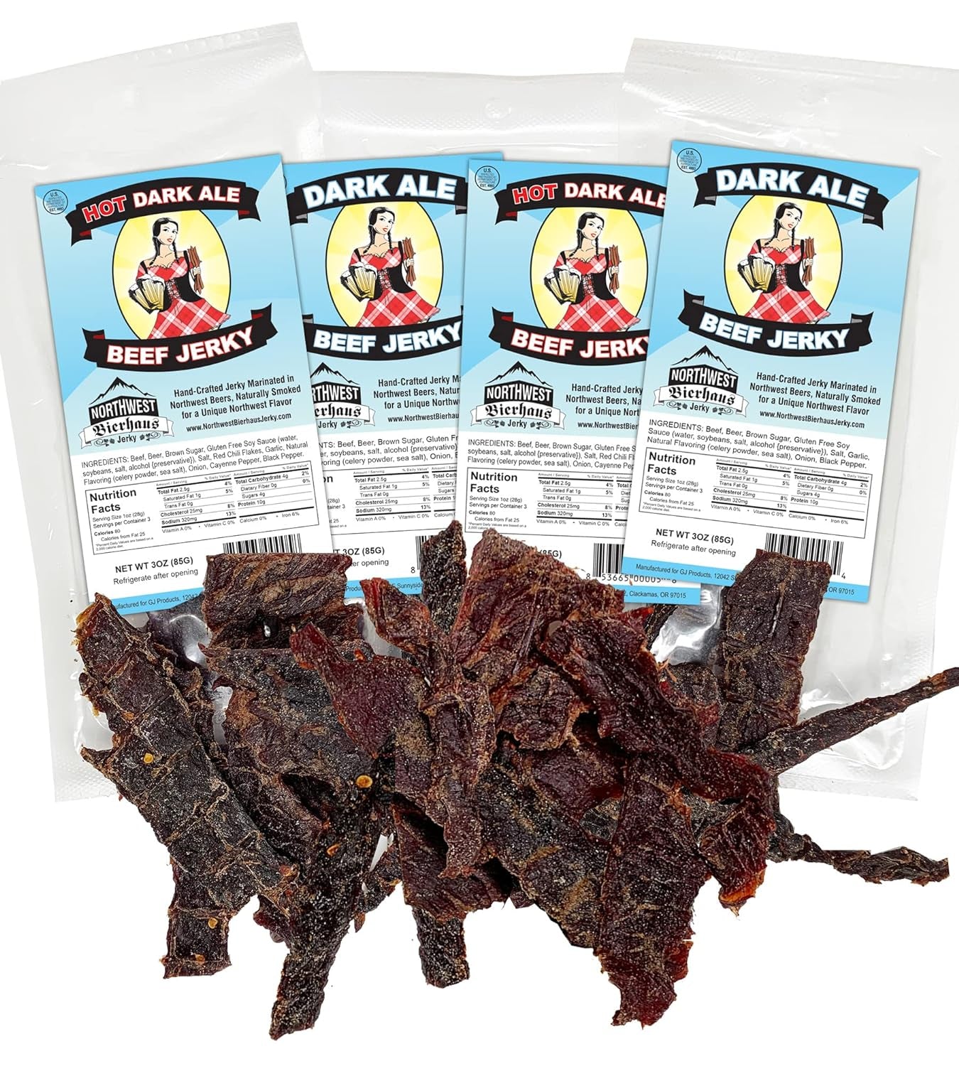 Northwest Bierhaus Jerky - Variety 4-Pack Gift Set - Beef Jerky Marinated in Beer (Dark Ale X2, Hot Dark Ale X2)