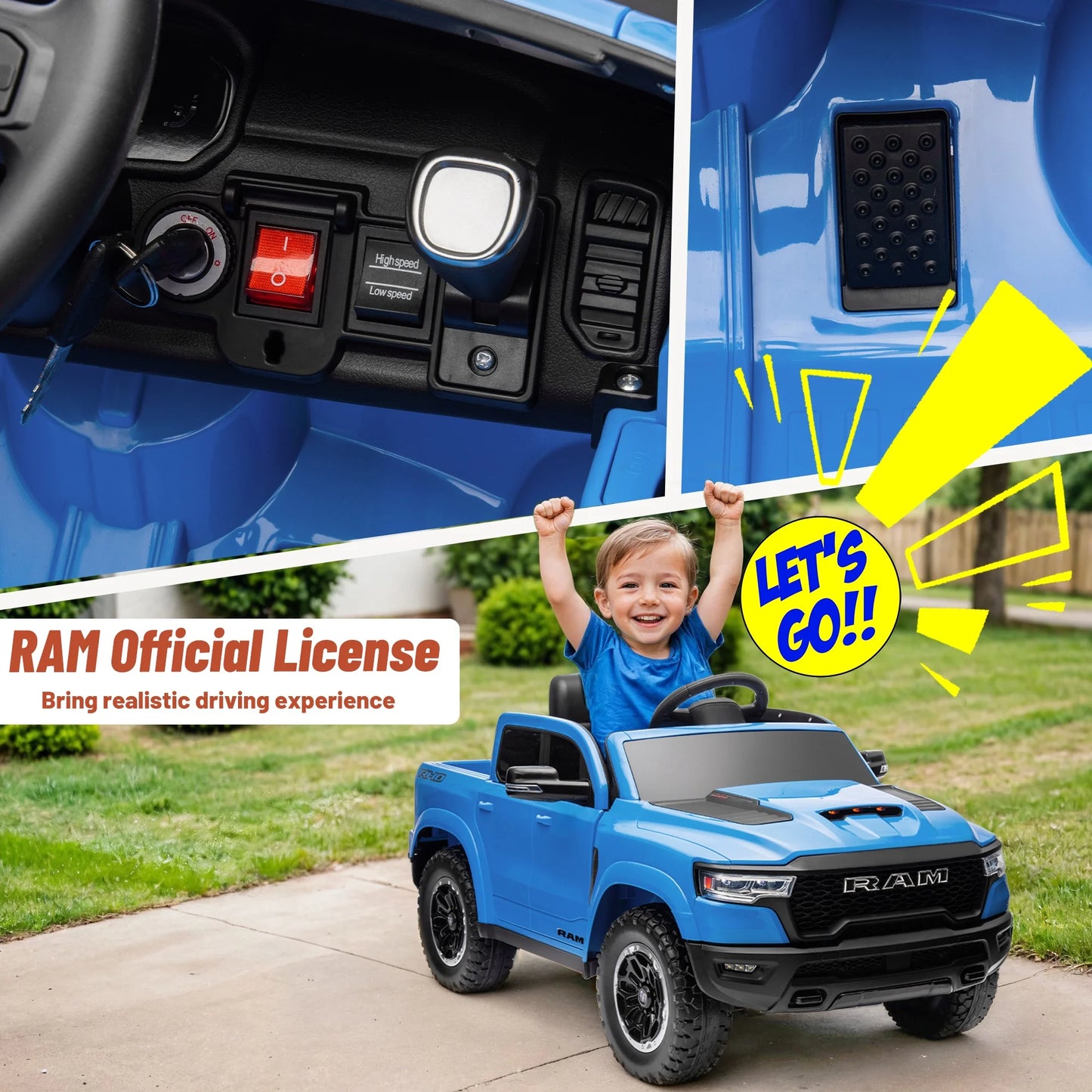 12V Ram Ride on Car Toys for Kids, Licensed Ram 1500 Ride on Truck Toy with Parent Remote Control, Electric Car for Boys Girls 3-5 W/Bluetooth, Rear Storage Trunck, Safety Belt, 4 Wheelers, Blue