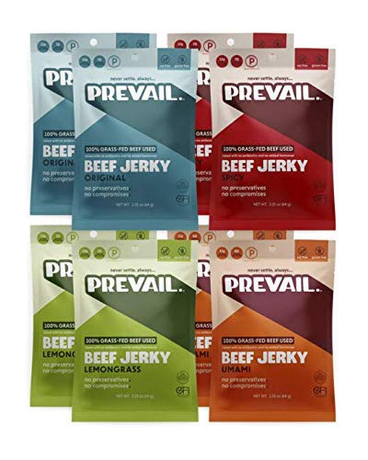 Grass Fed Beef Jerky Variety Pack, by PREVAIL - Low Sodium and Gluten Free! | Umami, Spicy, Lemongrass, and Original - Pack of (8) Bags | | Our Gourmet Jerky Is Paleo Certified, Soy Free, Free of Preservatives, and Contains No Gmo'S!