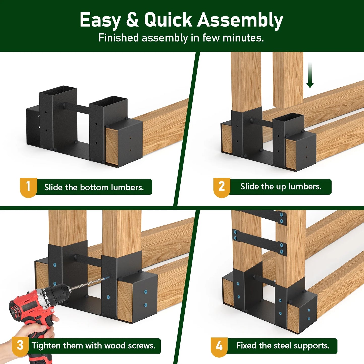 Outdoor Firewood Log Rack Bracket Kit, Fireplace Wood Storage Holder - Adjustable to Any Length (2-Bracket Kit)